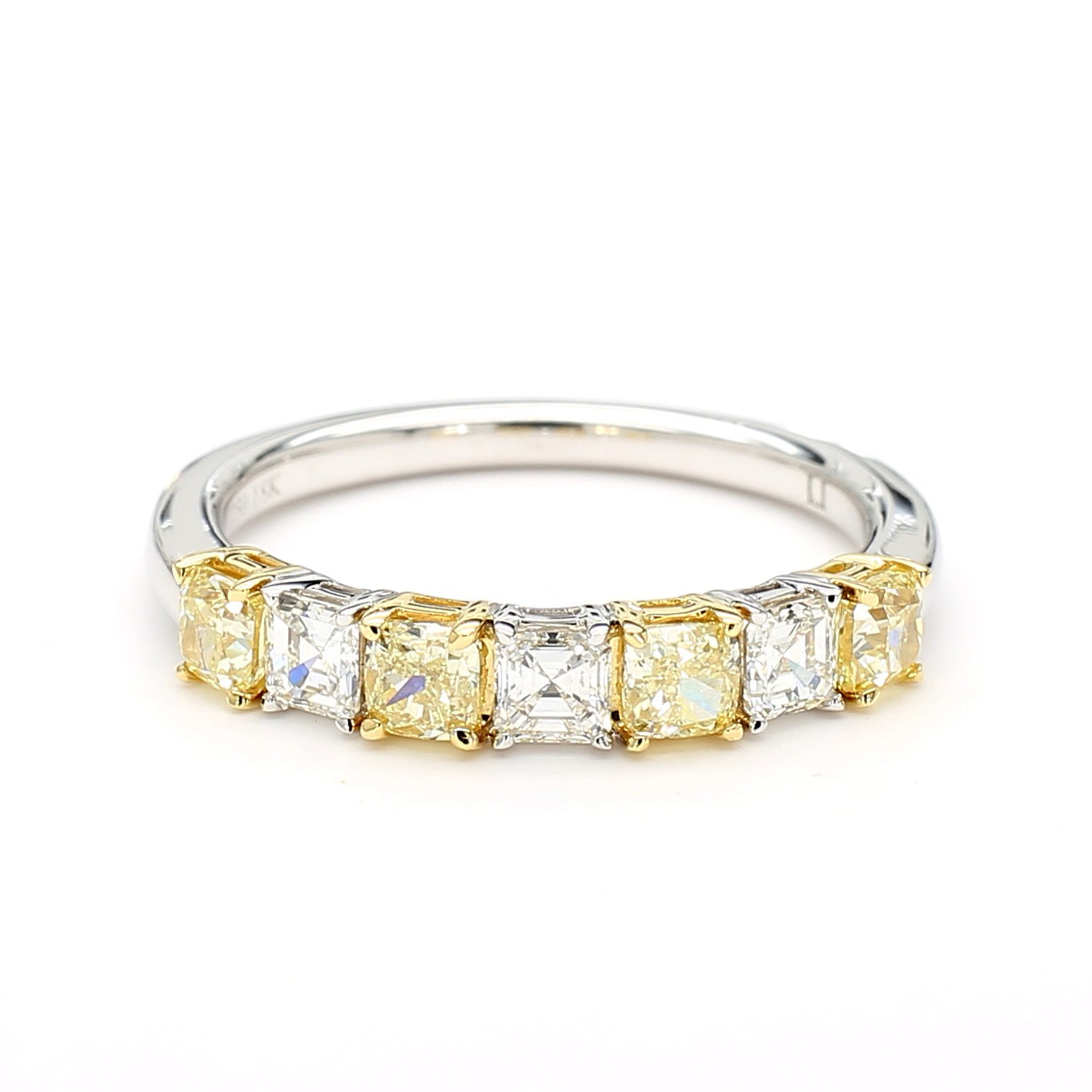Natural Yellow Cushion and White Emerald Diamond 1.17 Carat TW Cocktail Band