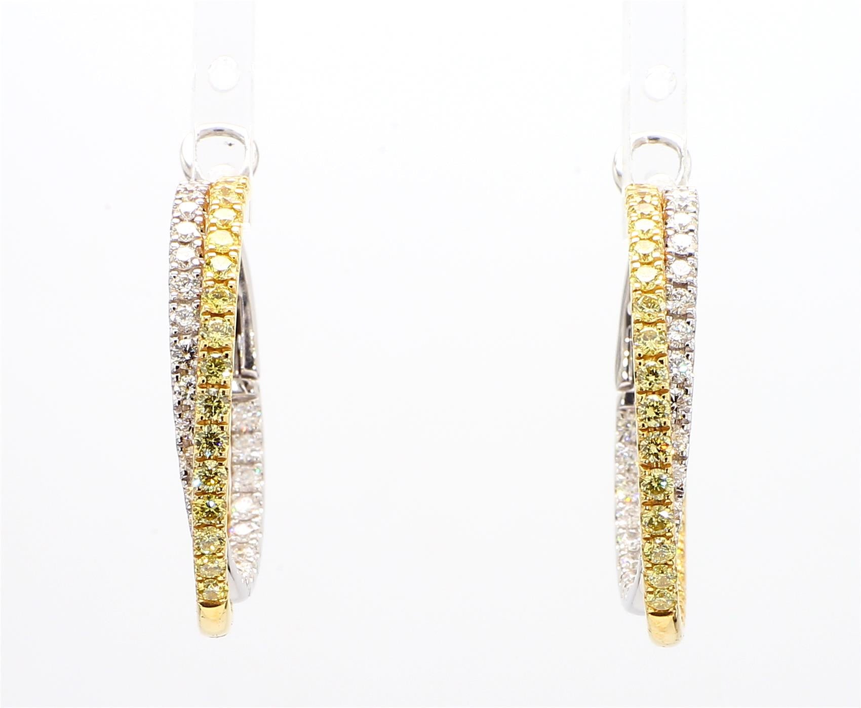 Natural Yellow Round and White Diamond 2.62 Carat TW Gold Hoop Earrings