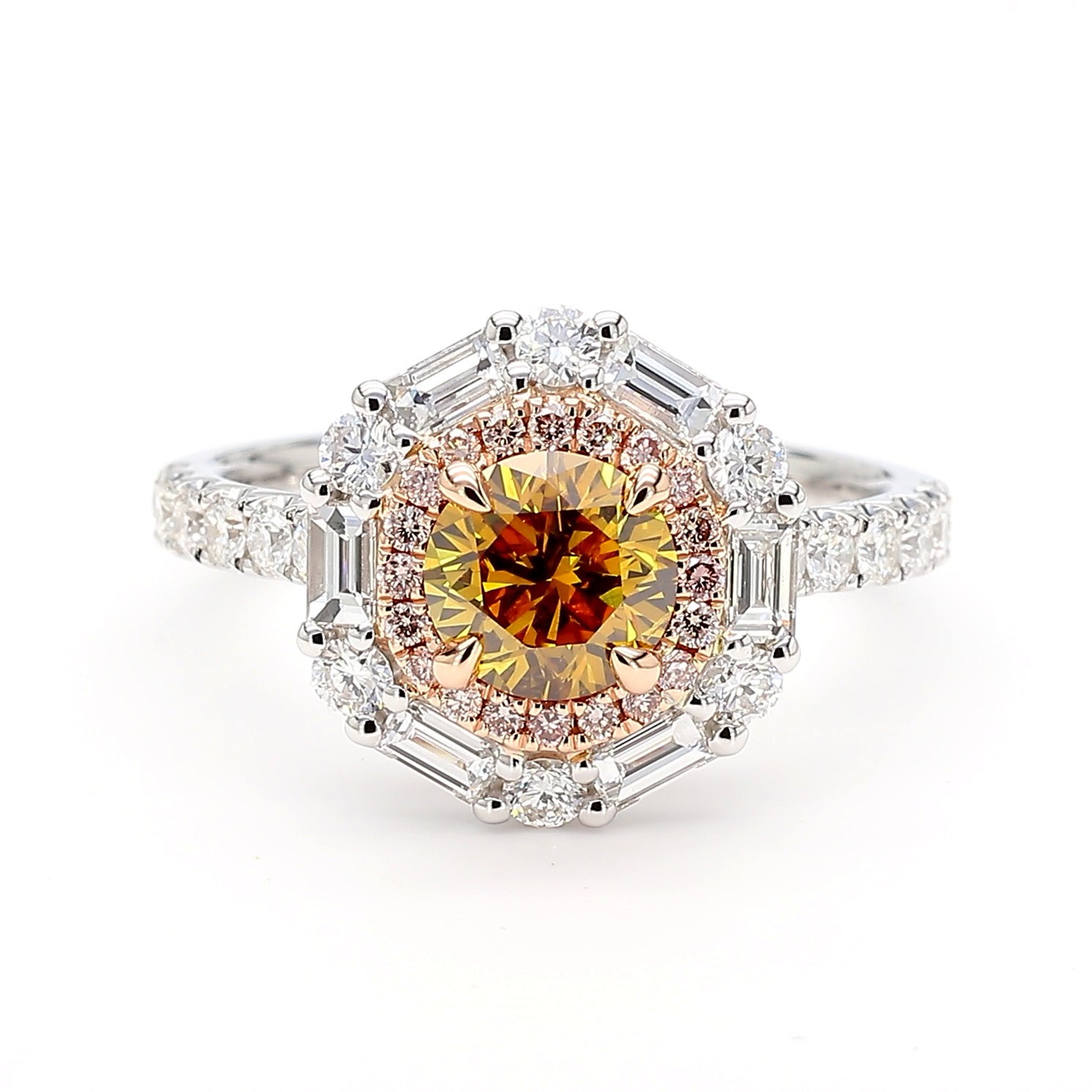 GIA Certified Deep Brownish Orangy Yellow Round Diamond 2.08 Carat TW Gold Ring