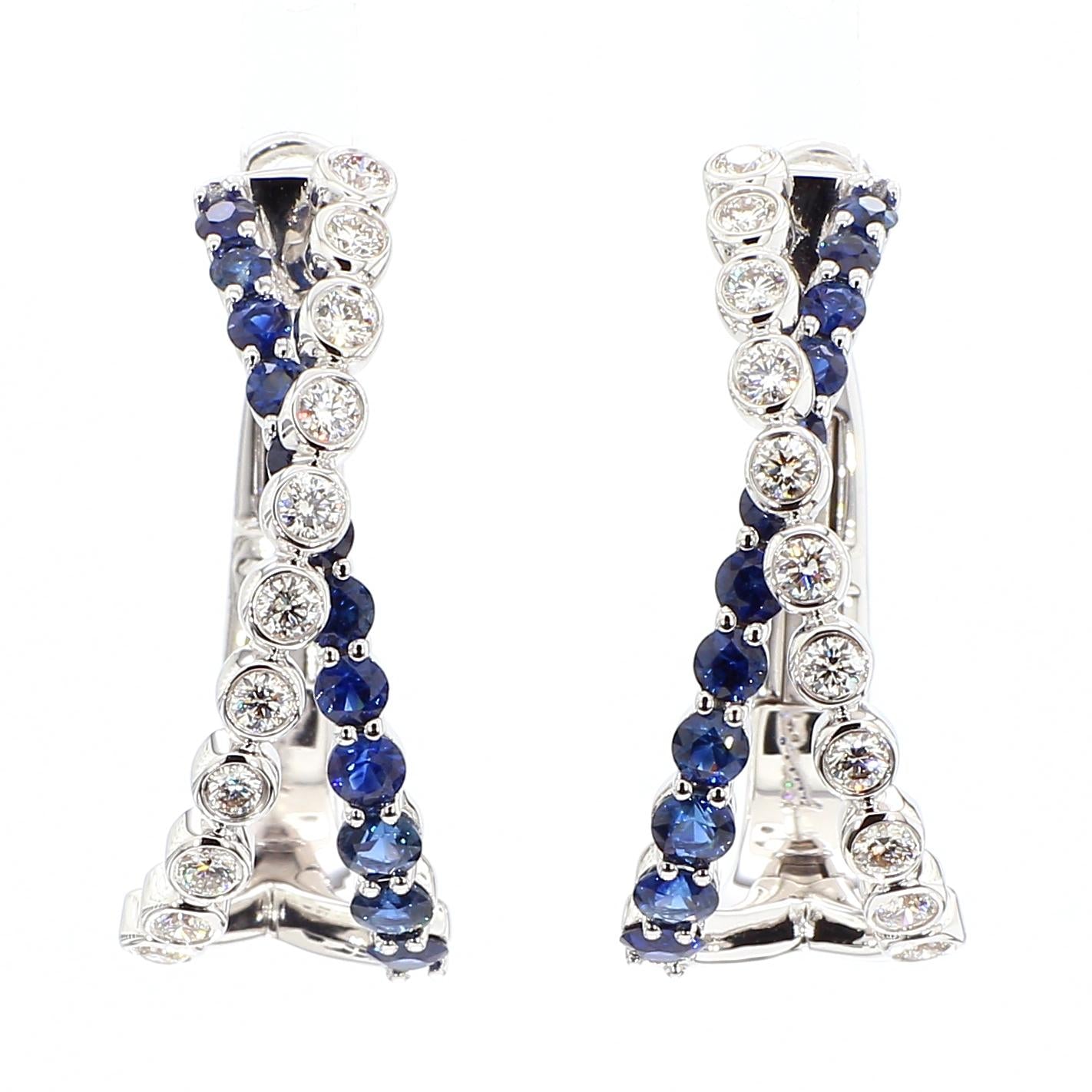 Natural Blue Round Sapphire and Diamond 2.01 Carat TW Gold Hoop Earrings