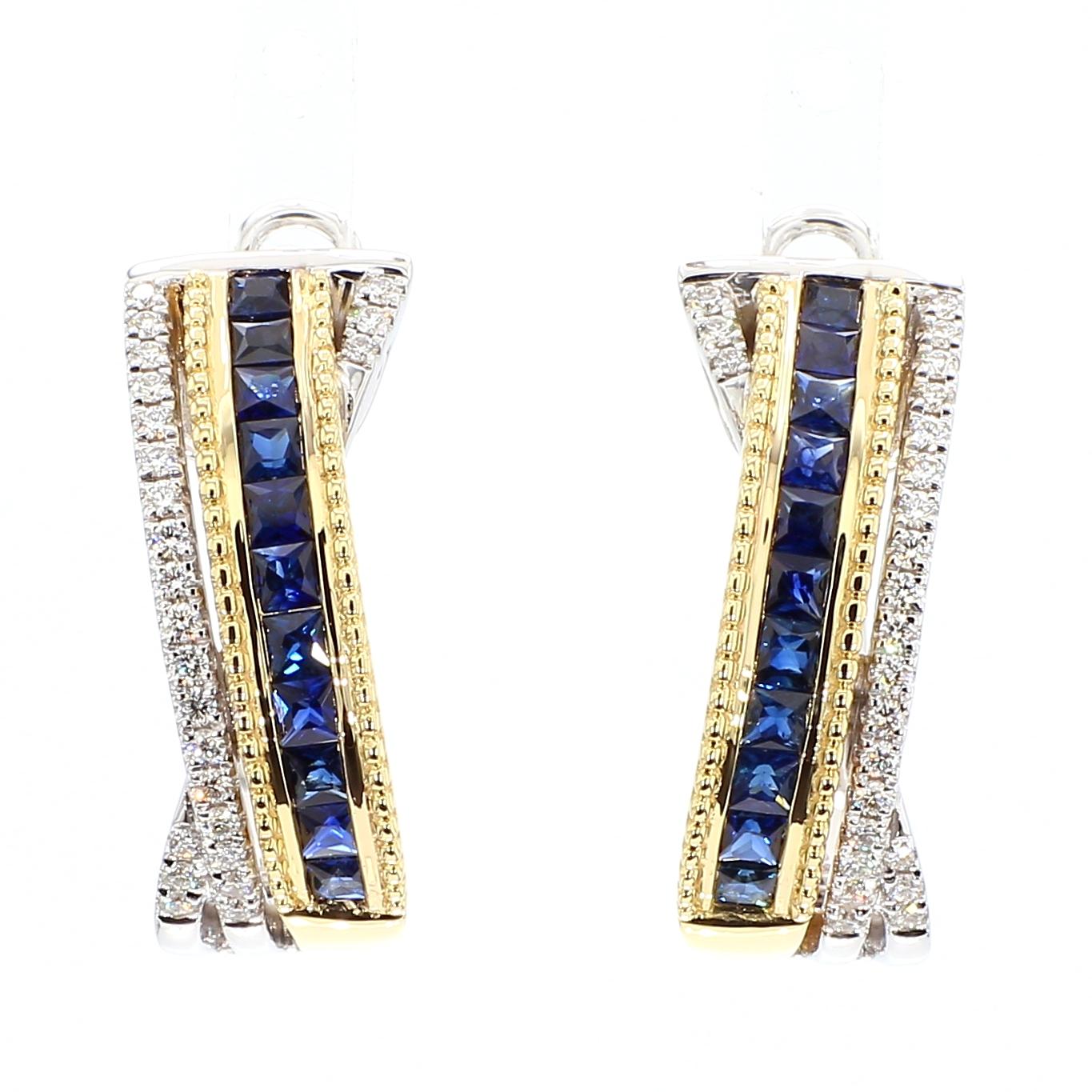 Natural Blue Princess Sapphire and Diamond 1.61 Carat TW Gold Hoop Earrings