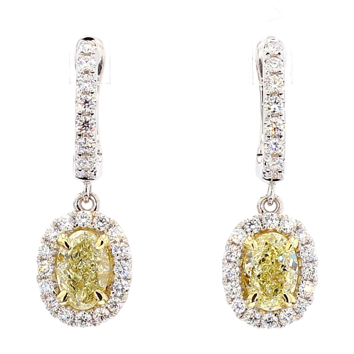 GIA Certified Natural Yellow Oval Diamond 2.08 Carat TW Gold Drop Earrings