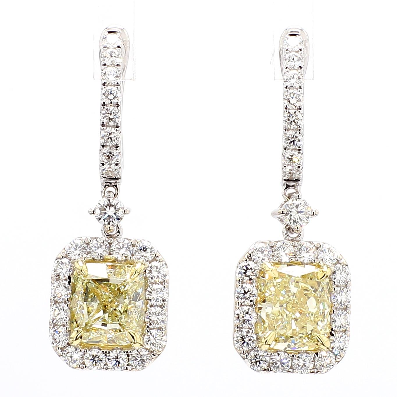 GIA Certified Natural Yellow Cushion Diamond 5.37 Carat TW Gold Drop Earrings