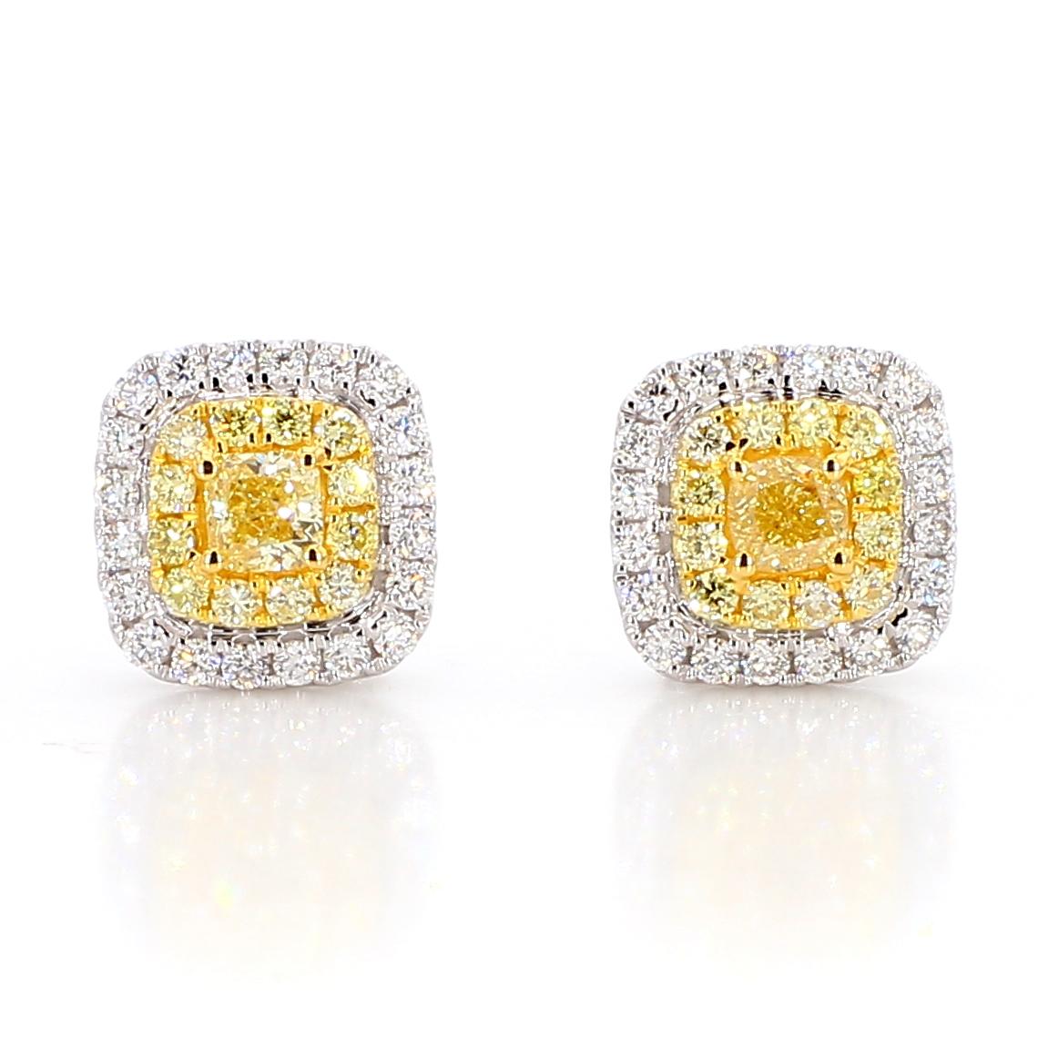 Natural Yellow Cushion Diamond 0.84 Carat TW Gold Stud Earrings