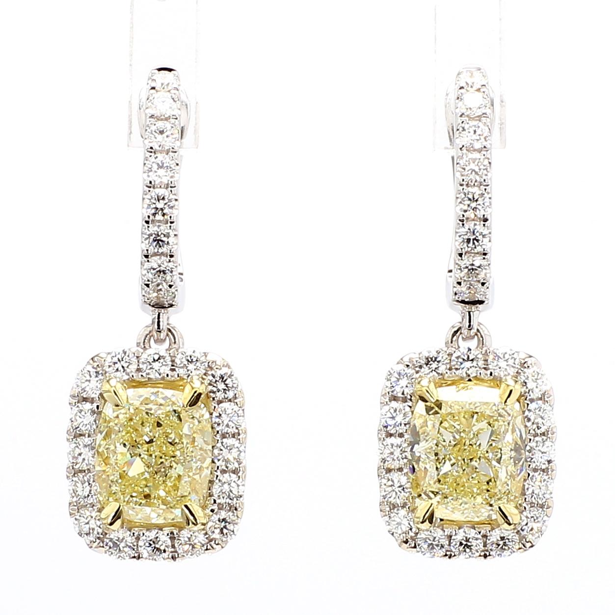 GIA Certified Natural Yellow Cushion Diamond 4.07 Carat TW Gold Drop Earrings