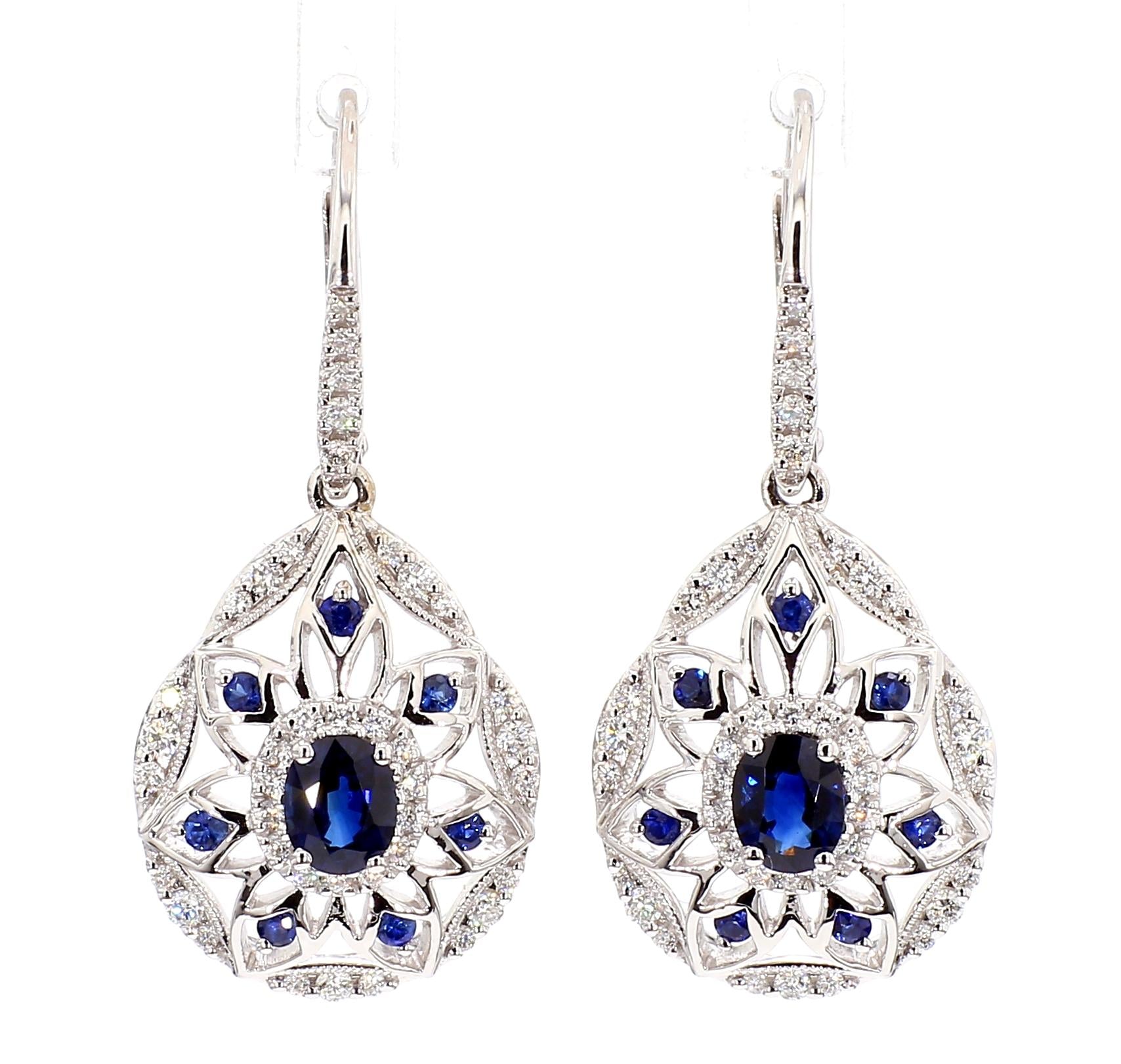 Natural Blue Oval Sapphire and White Diamond 1.67 Carat TW Gold Drop Earrings