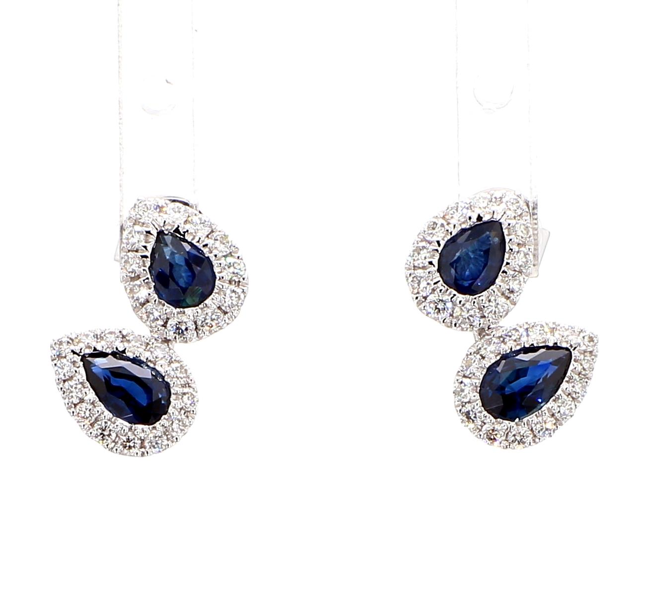 Natural Blue Pear Sapphire and White Diamond 1.33 Carat TW Gold Stud Earrings