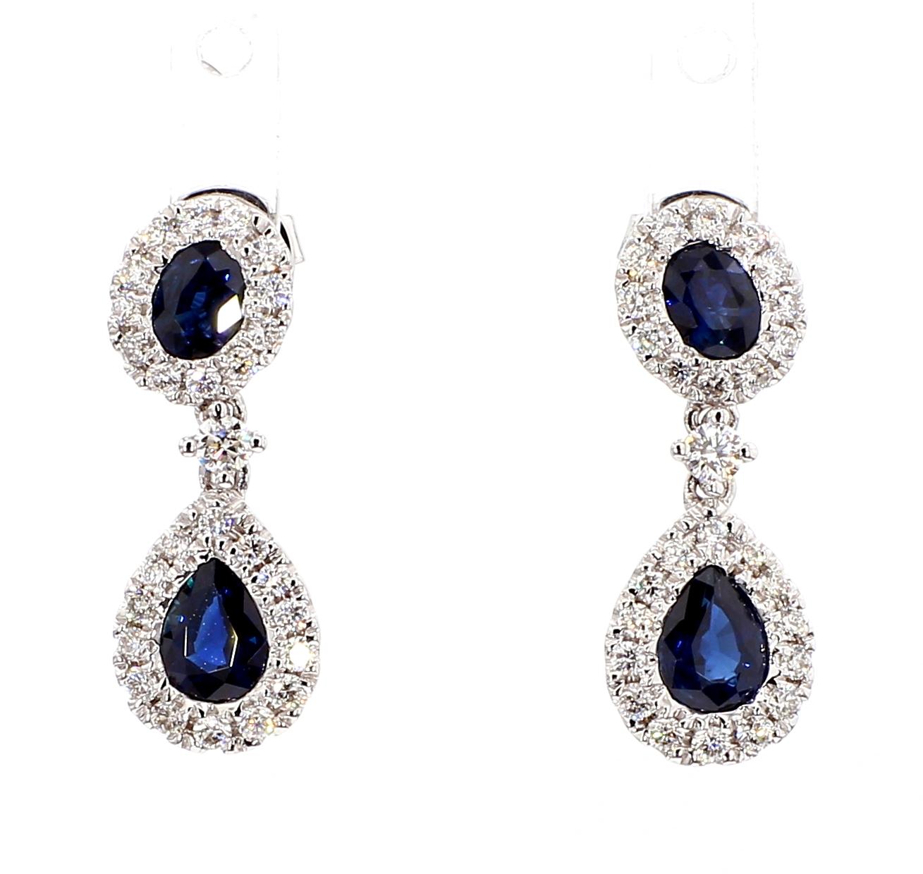 Natural Blue Pear Sapphire and White Diamond 1.66 Carat TW Gold Drop Earrings