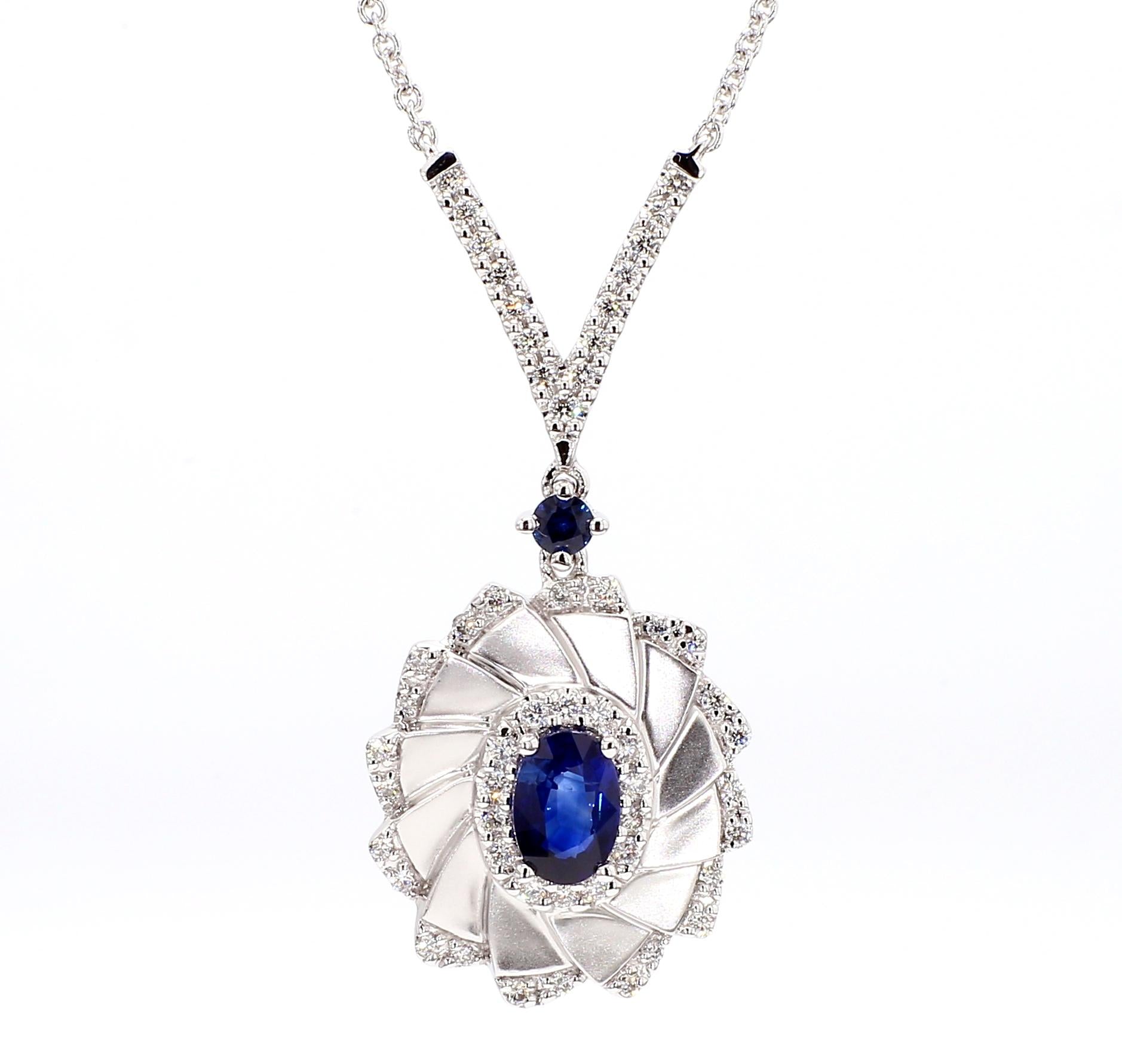 Natural Blue Oval Sapphire and White Diamond 0.95 Carat TW White Gold Necklace