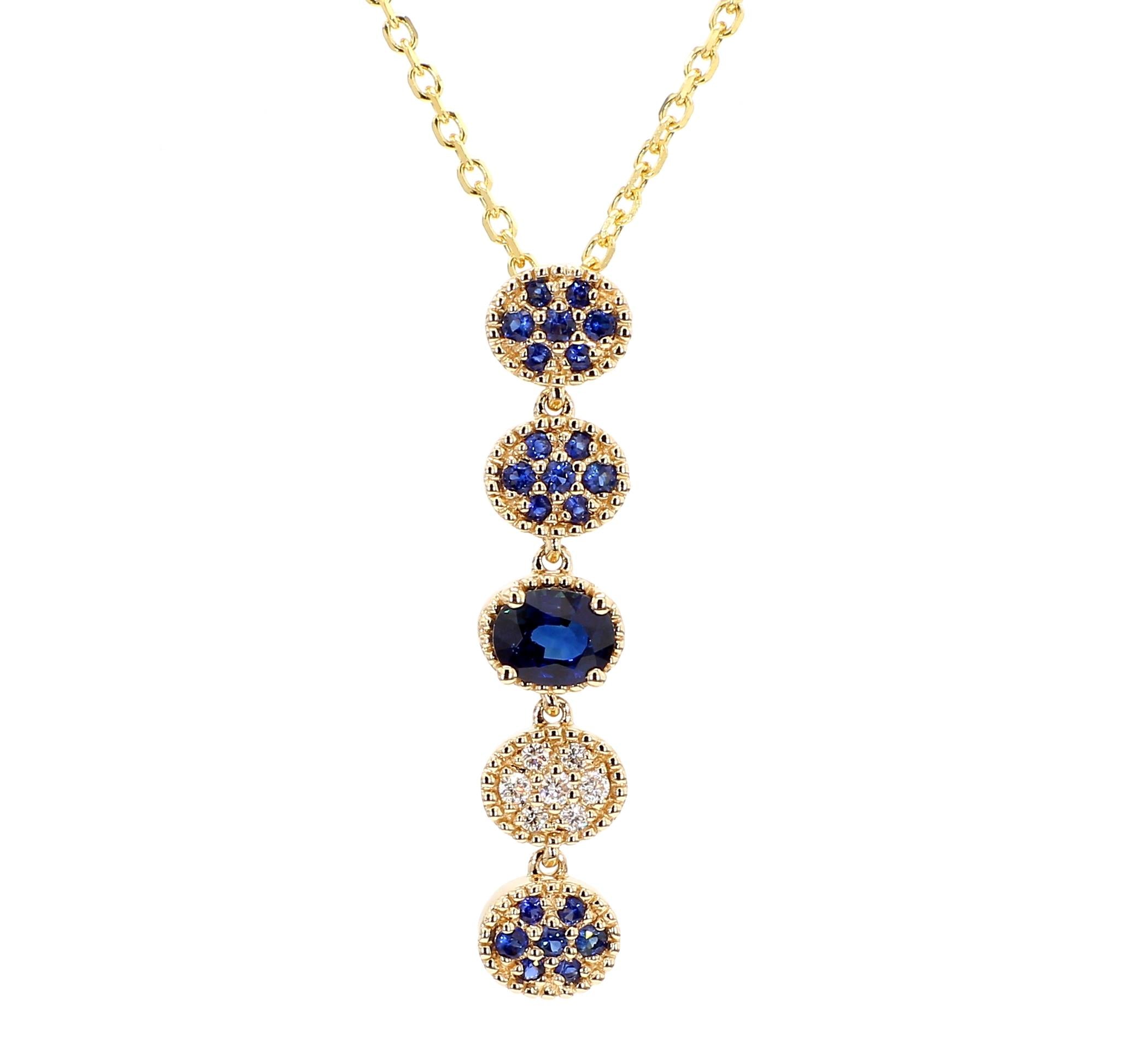 Natural Blue Oval Sapphire and White Diamond 0.93 Carat TW Gold Drop Pendant