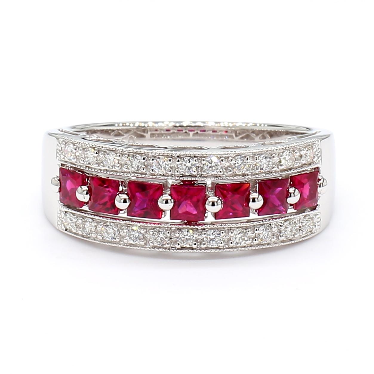 Natural Red Princess Ruby and White Diamond .96 Carat TW Gold Cocktail Band