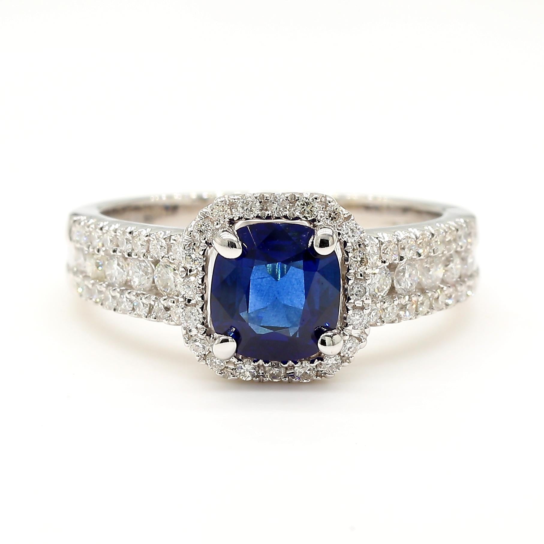 Natural Blue Cushion Sapphire and White Diamond 1.58 Carat TW Gold Cocktail Ring