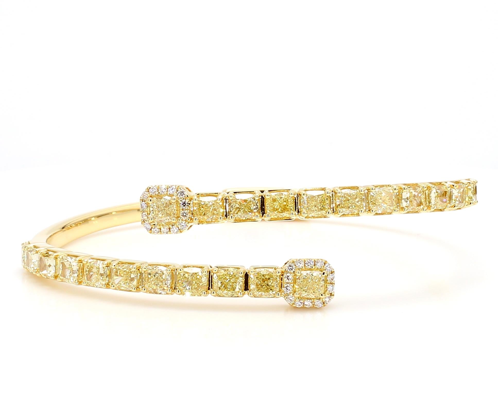 Natural Yellow Cushion Diamond 7.34 Carat TW Gold Cuff Bracelet