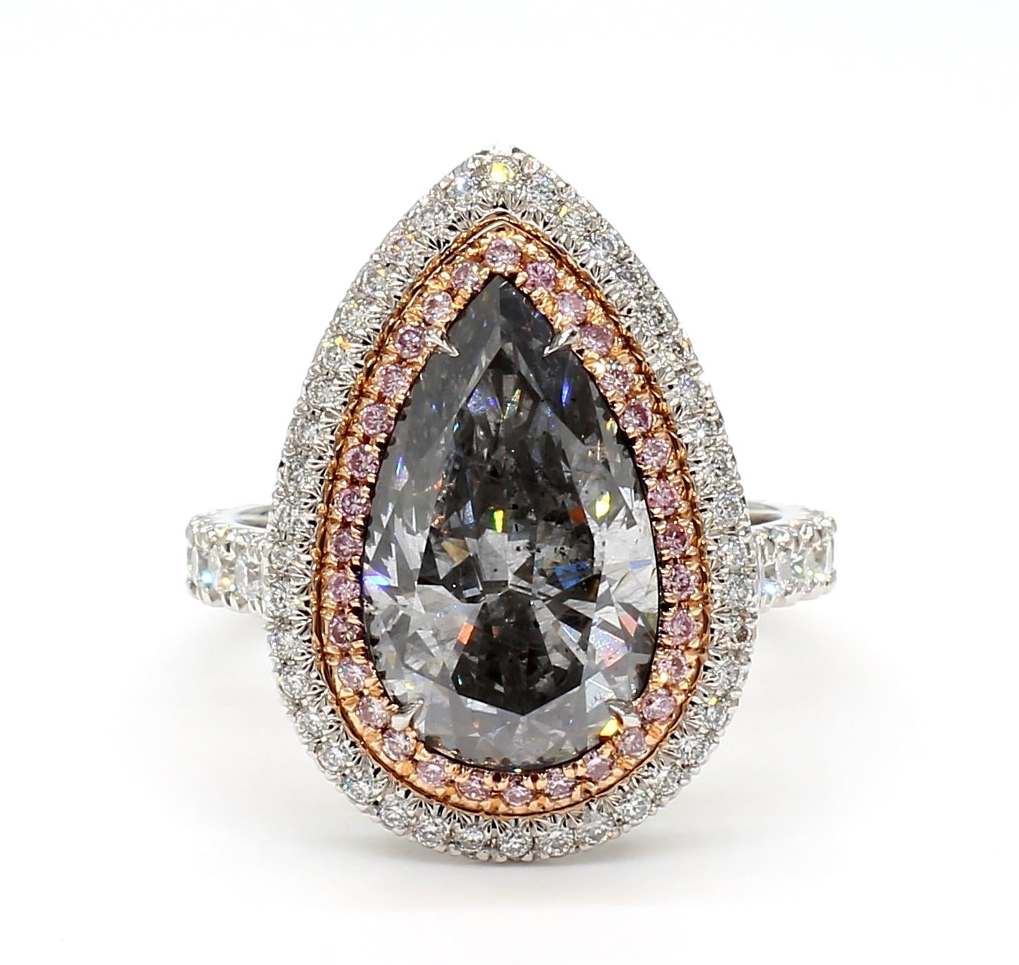 GIA Certified Natural Fancy Gray Pear Diamond 5.60 Carat TW Gold Cocktail Ring