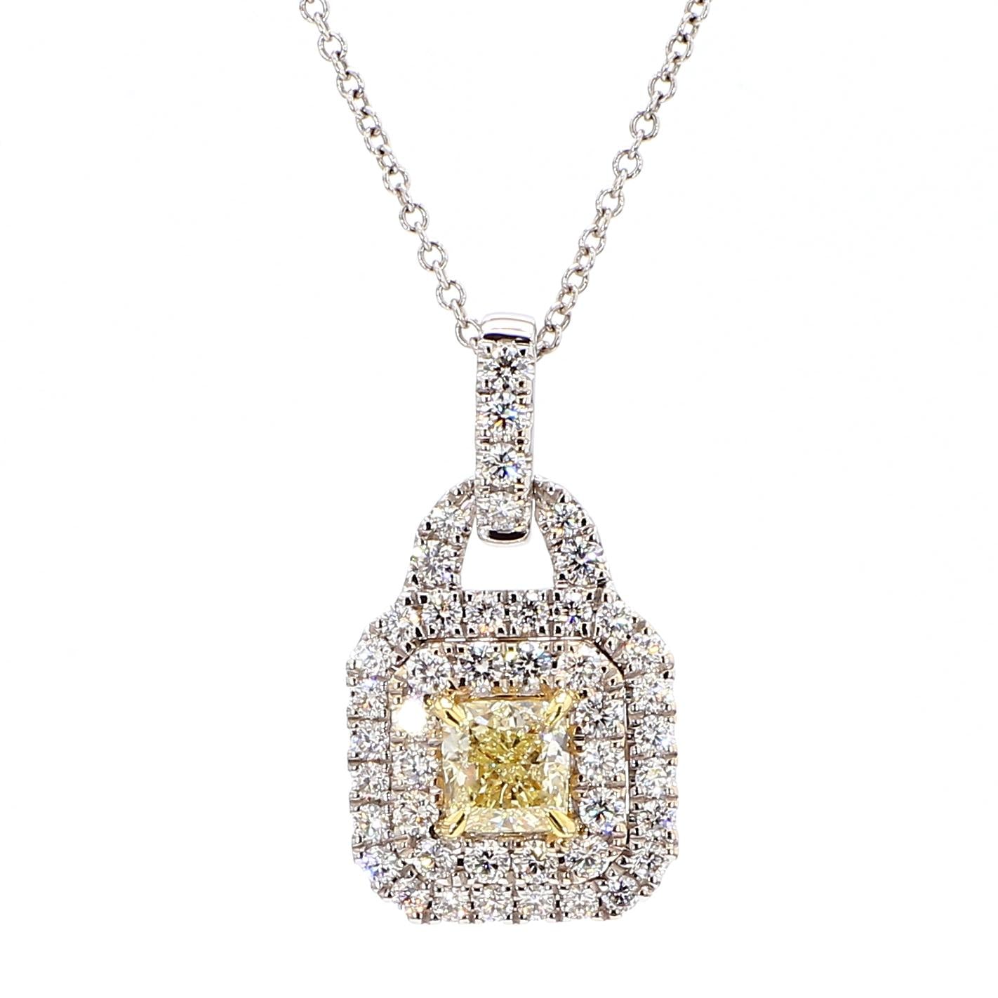 Natural Yellow Cushion and White Diamond 1.21 Carat TW Gold Drop Pendant