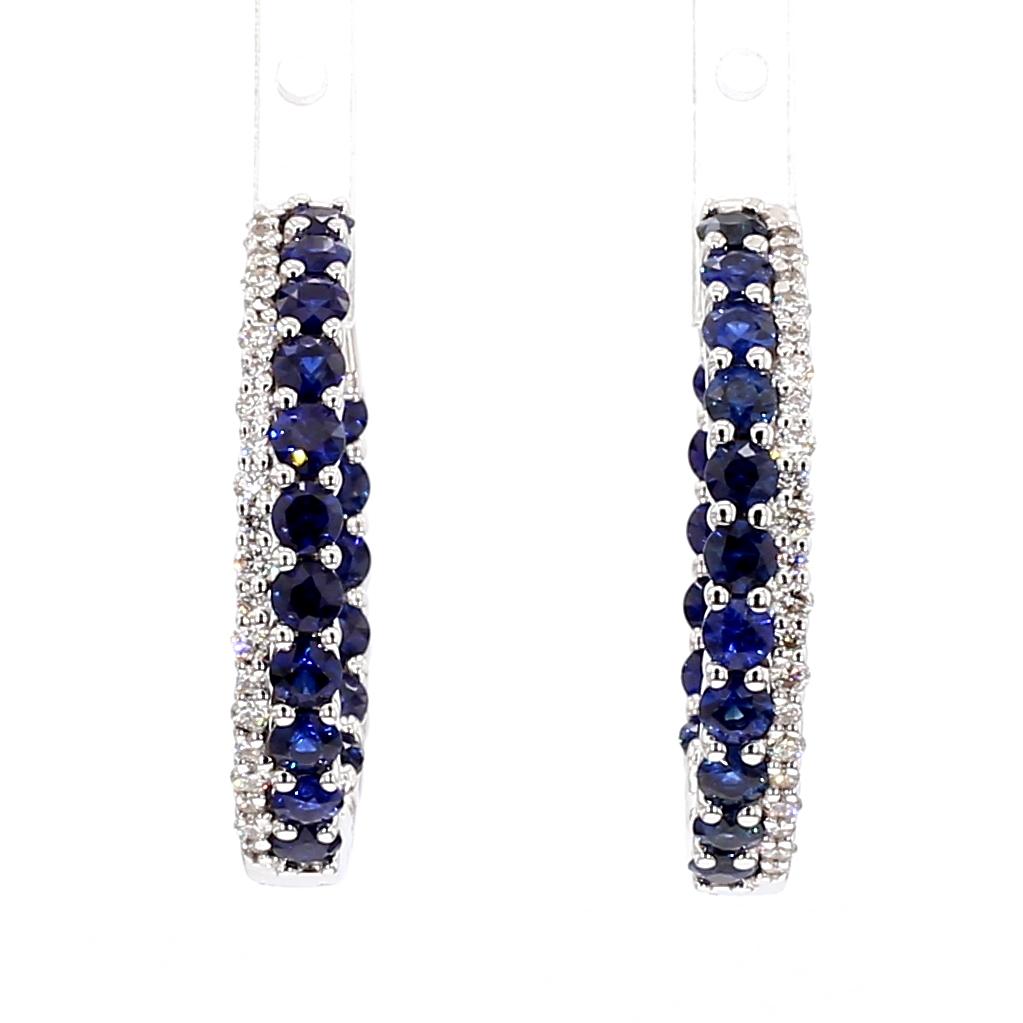 Natural Blue Round Sapphire and White Diamond 3.47 Carat TW Gold Hoop Earrings