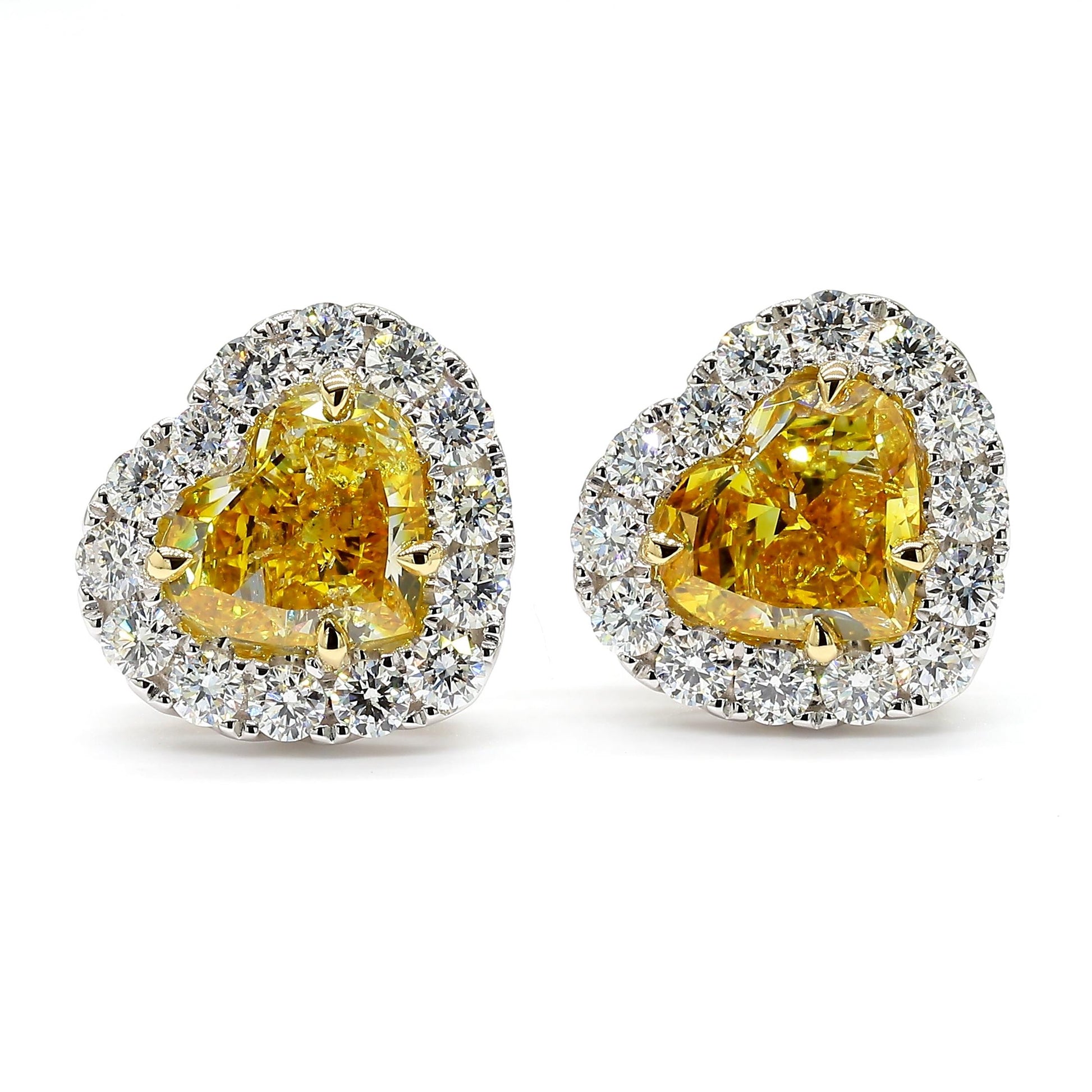 GIA Certified Natural Vivid Yellow Heart Diamond 4.50 Carat TW Gold Earrings