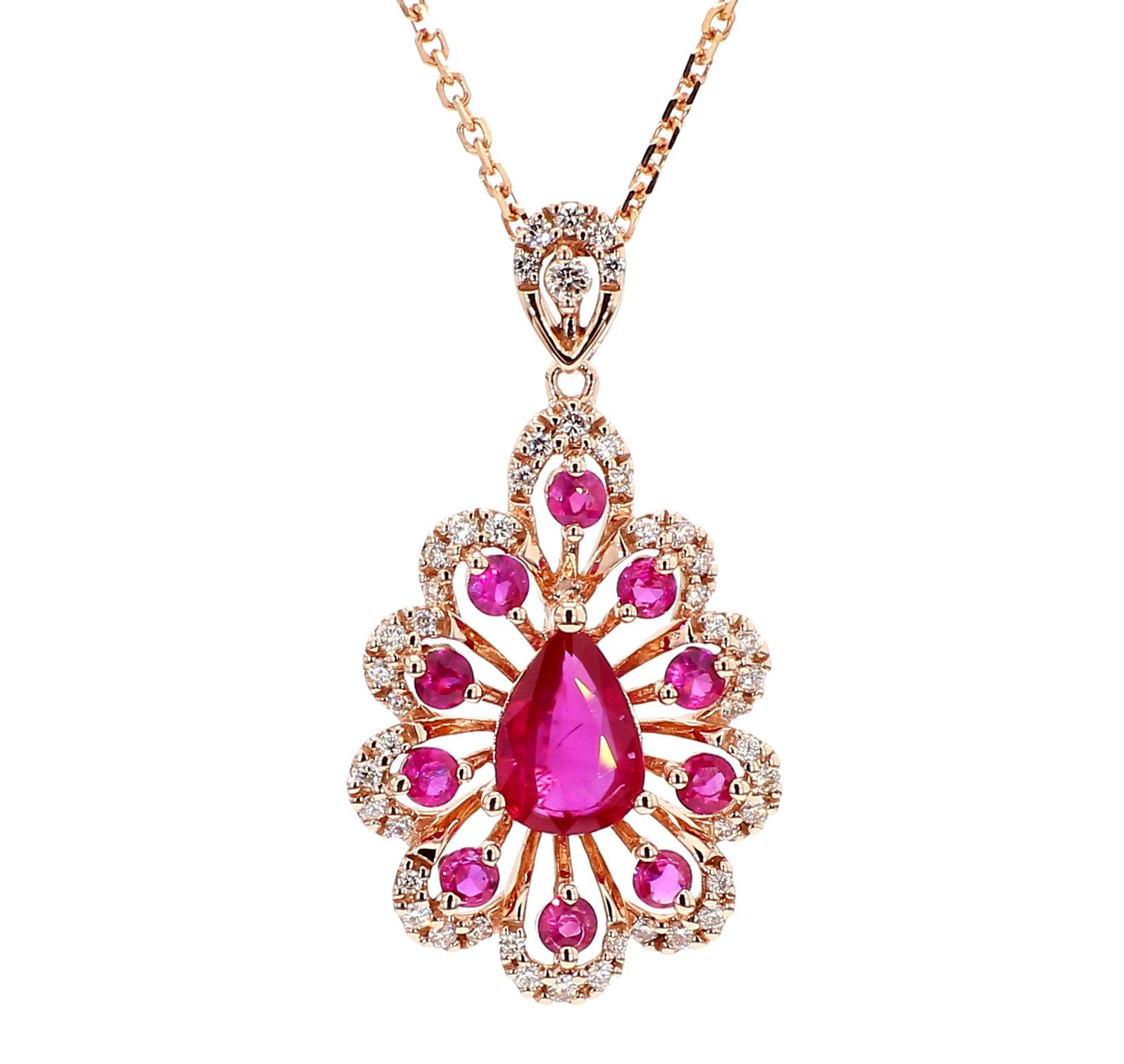 Natural Pear Red Ruby and White Diamond 1.36 Carat TW Gold Drop Pendant