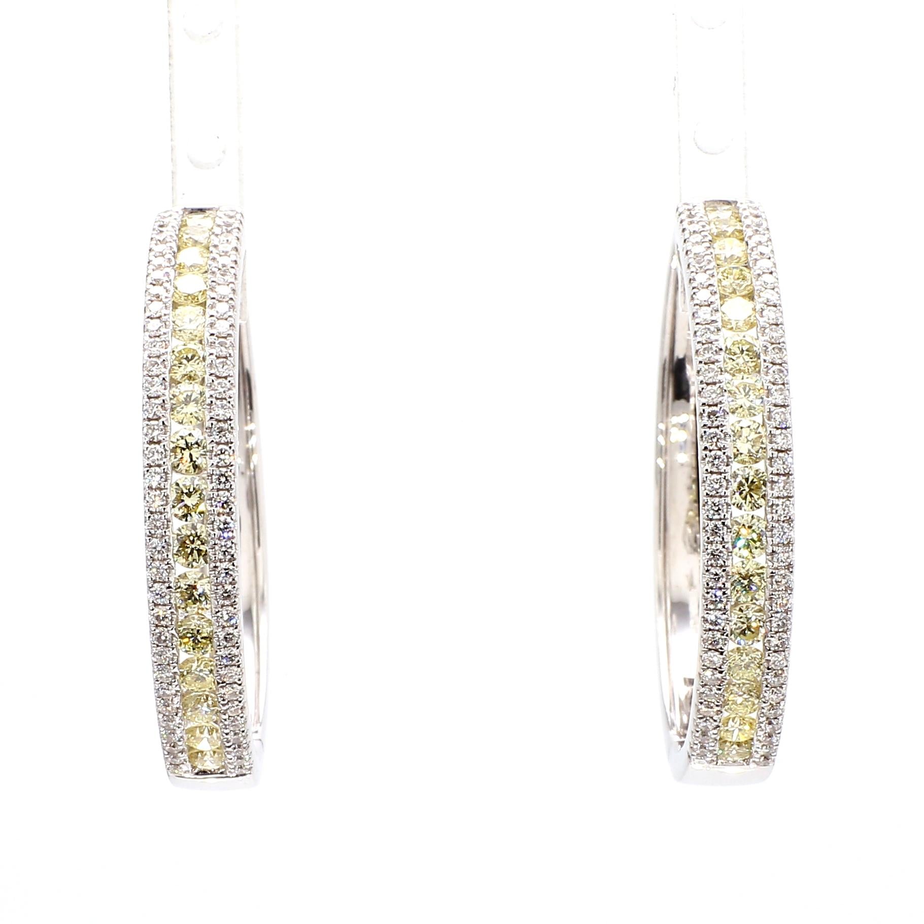 Natural Yellow Round Diamond 2.03 Carat TW Gold Hoop Earrings