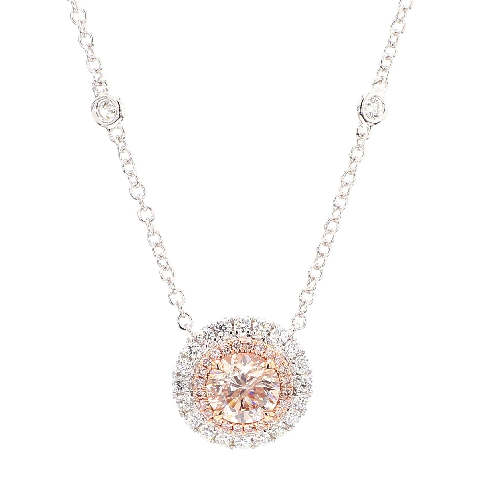 GIA Certified Natural Pink Round Diamond 1.85 Carat TW Gold Drop Necklace