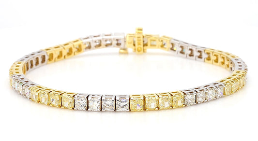 Natural Yellow Cushion and White Diamond 9.47 Carat TW Gold Tennis Bracelet
