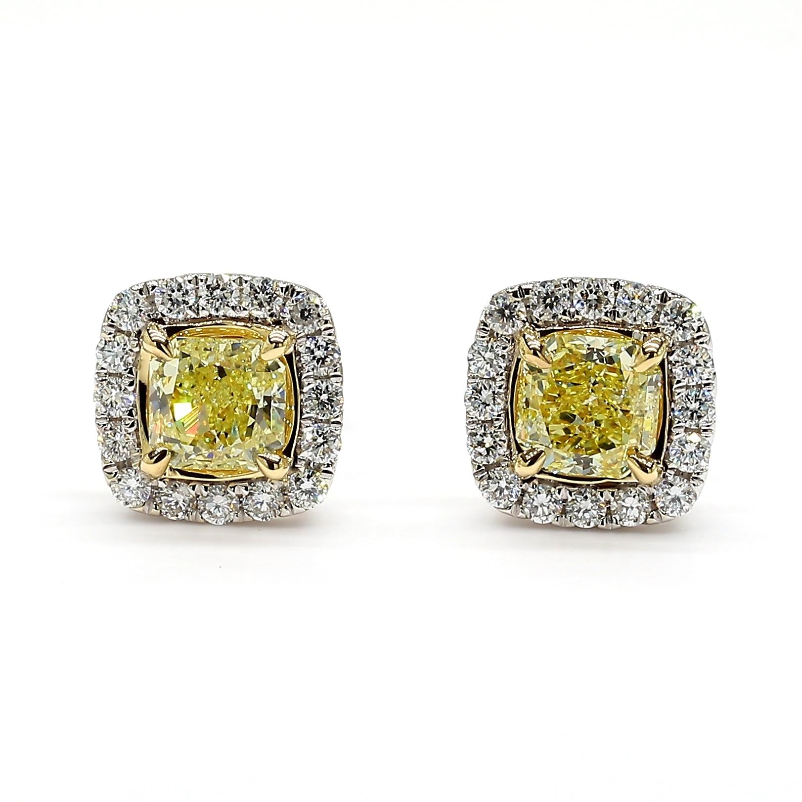 GIA Certified Fancy Yellow Radiant Diamond 1.40 Carat TW Gold Stud Earrings