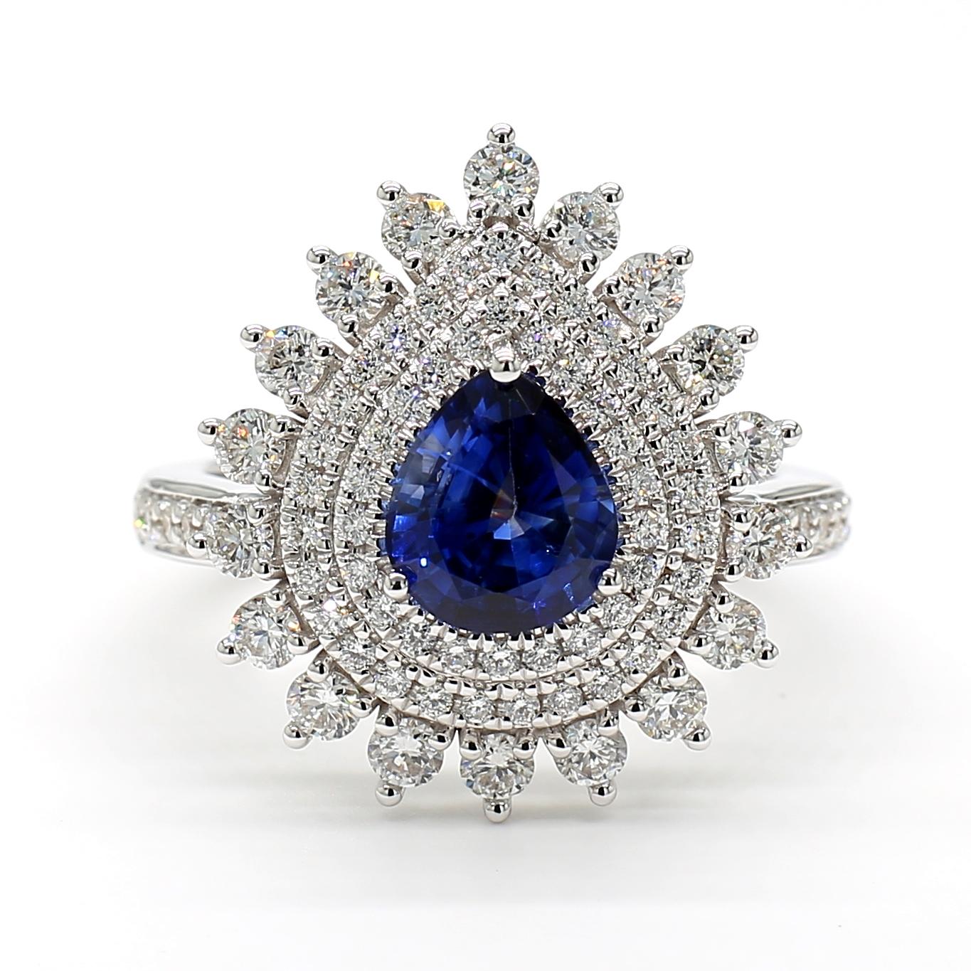 Natural Blue Pear Sapphire and White Diamond 2.62 Carat TW Gold Cocktail Ring