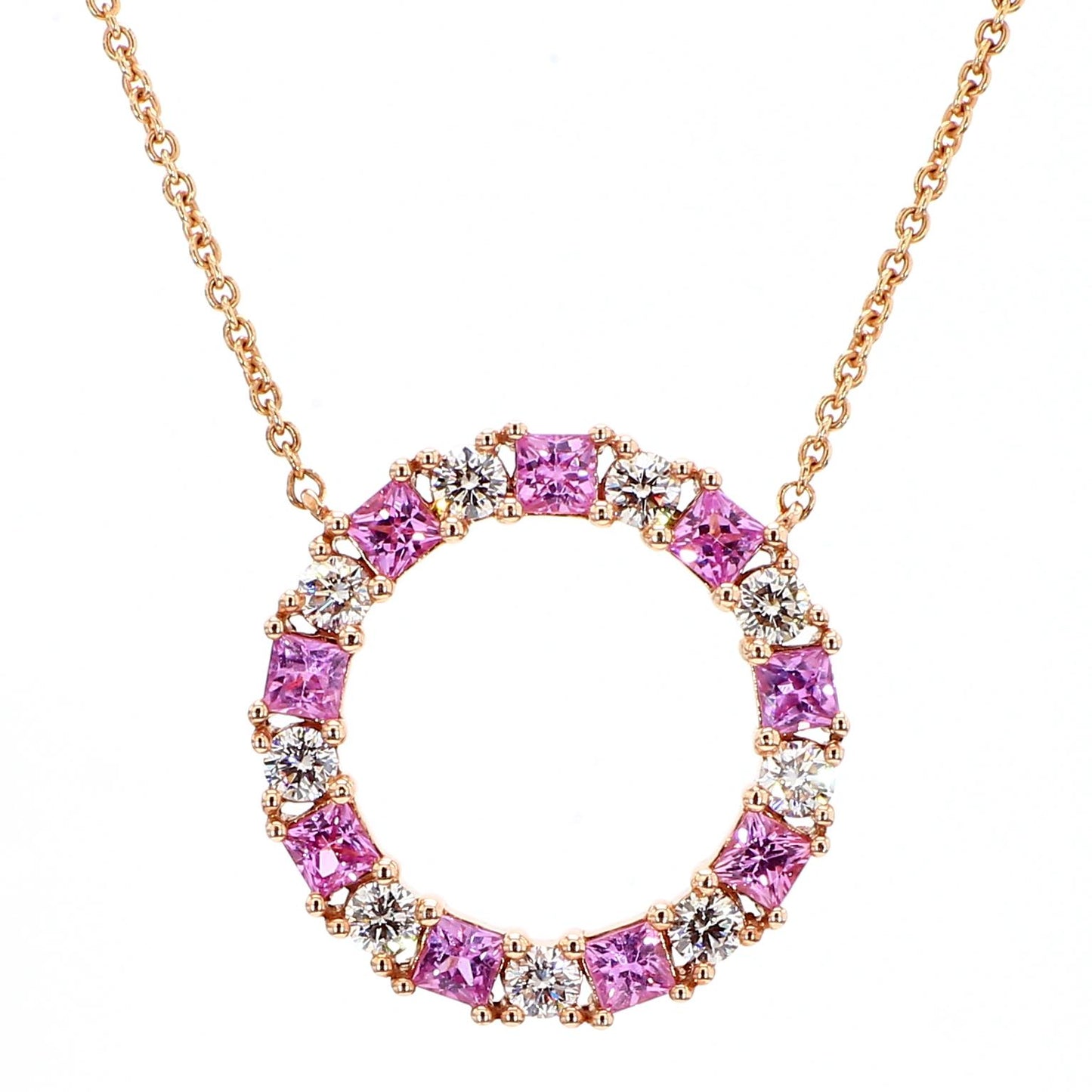 Natural Pink Princess Sapphire and White Diamond 1.60 Carat TW Gold Drop Pendant