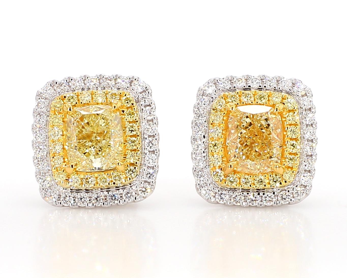 GIA Certified Natural Yellow Cushion Diamond 3.05 Carat TW Gold Stud Earrings