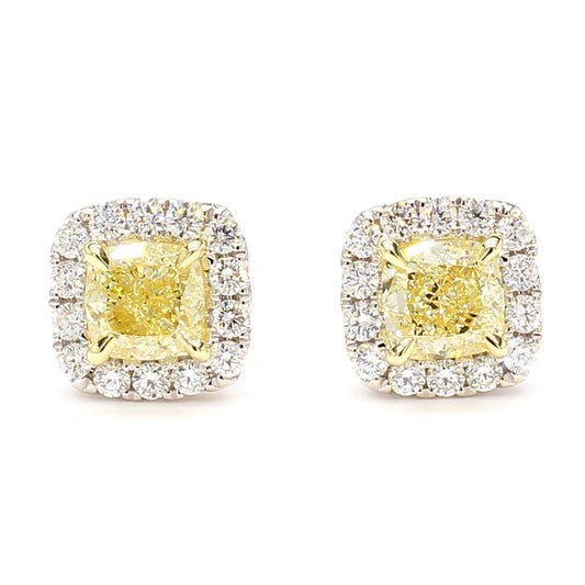 GIA Certified Natural Yellow Cushion Diamond 2.05 Carat TW Gold Stud Earrings