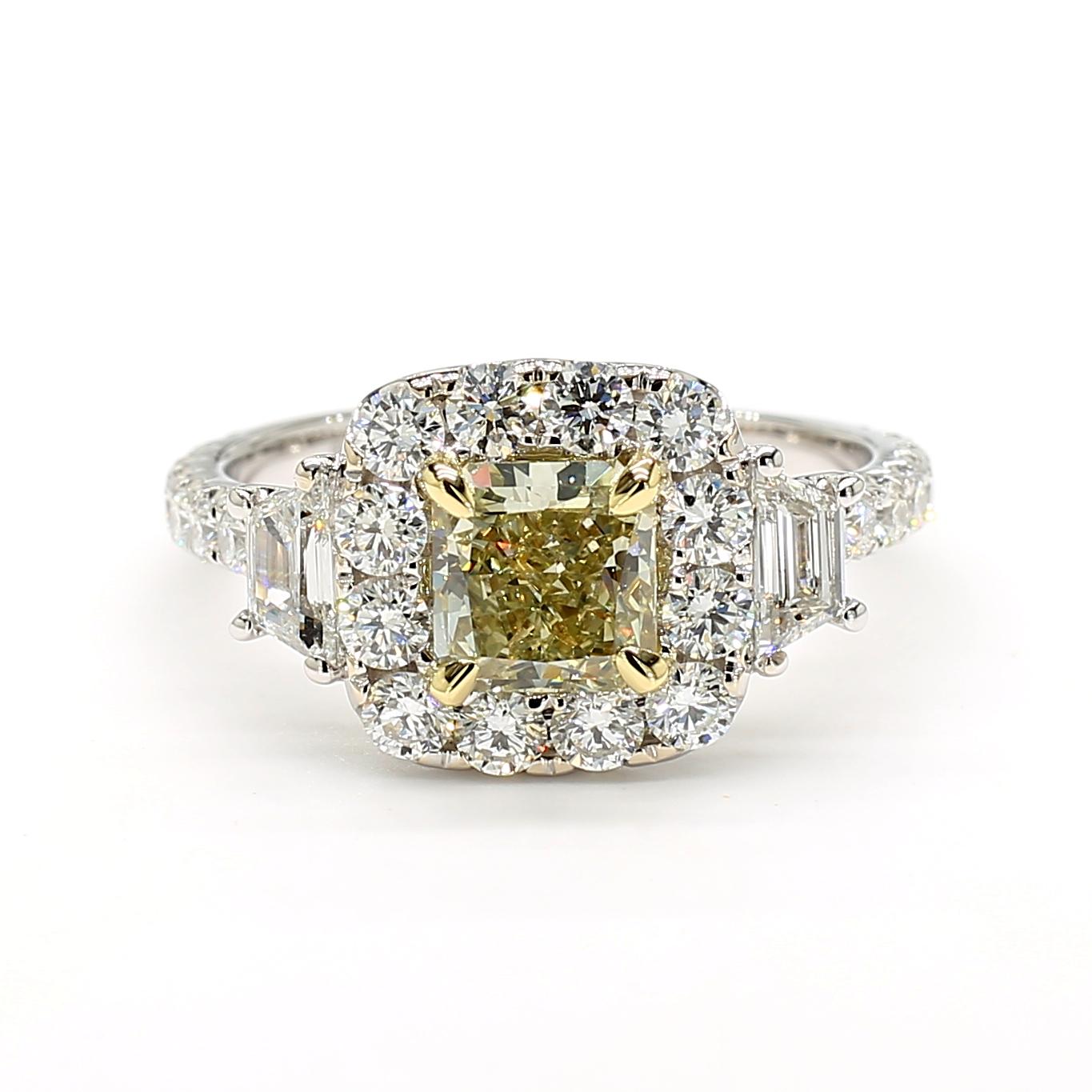 GIA Certified Fancy Gray-Greenish Yellow Radiant Diamond 2.27 Carat TW Gold Ring