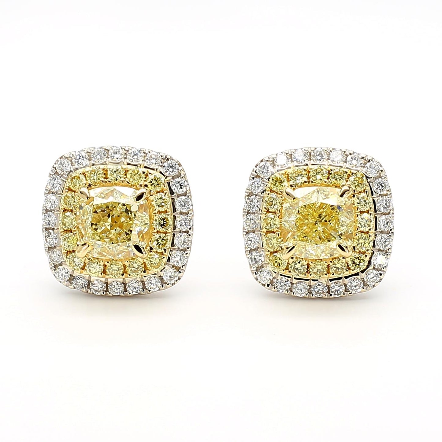 Natural Yellow Cushion Diamond 2.12 Carat TW Gold Stud Earrings