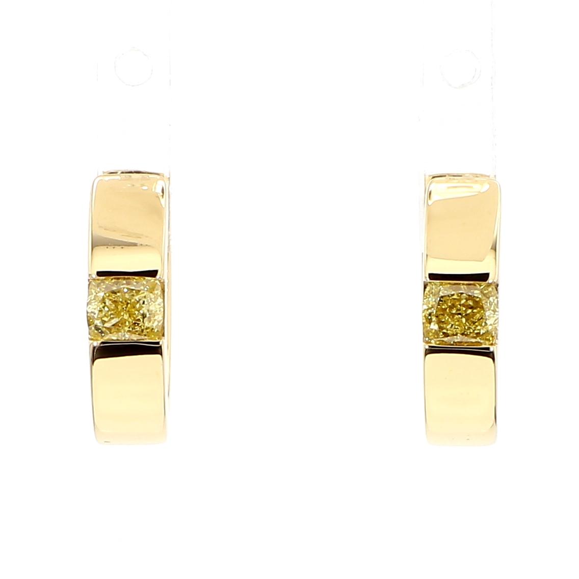 Natural Yellow Cushion Diamond .50 Carat TW Yellow Gold Hoop Earrings