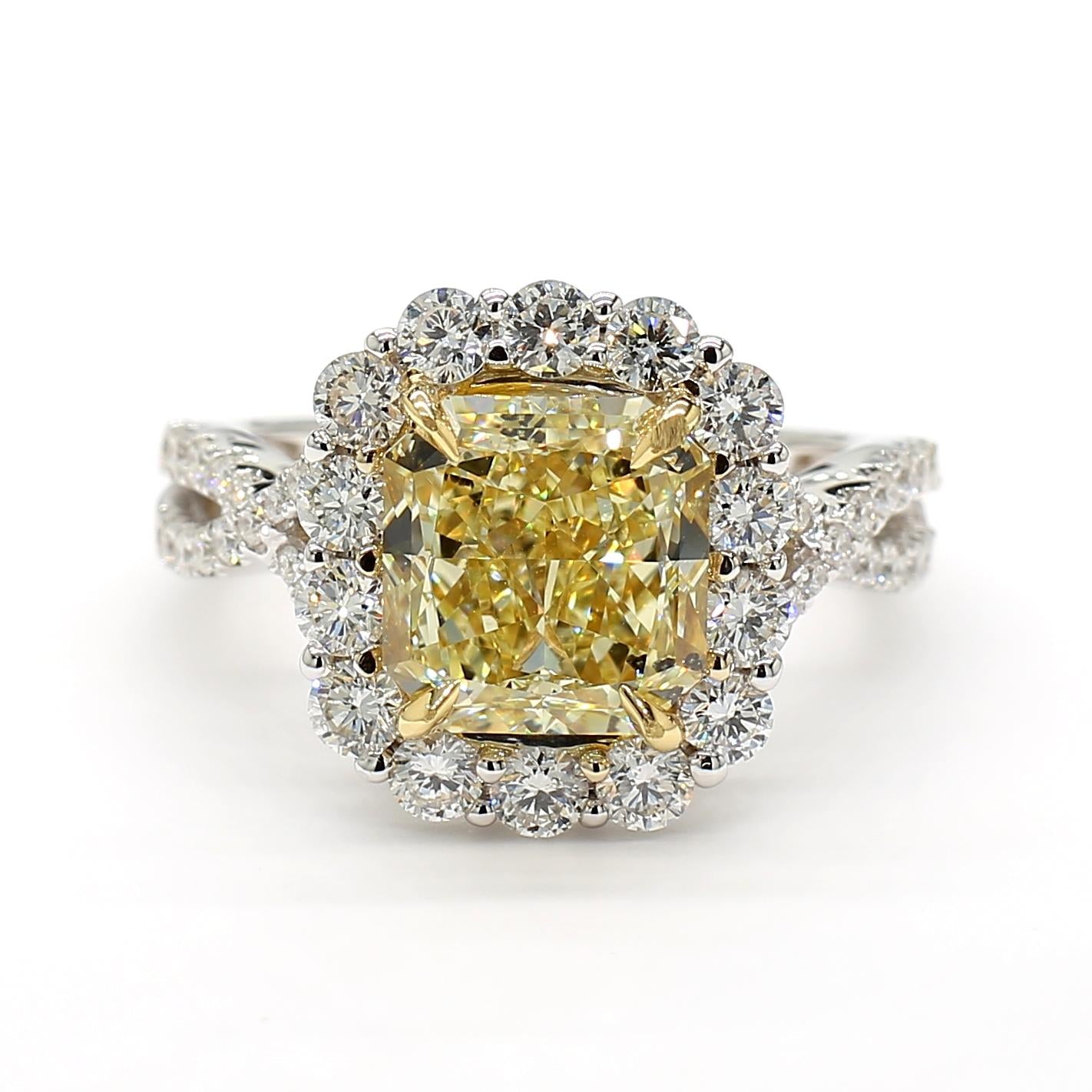 GIA Certified Natural Yellow Radiant Diamond 5.26 Carat TW Gold Cocktail Ring
