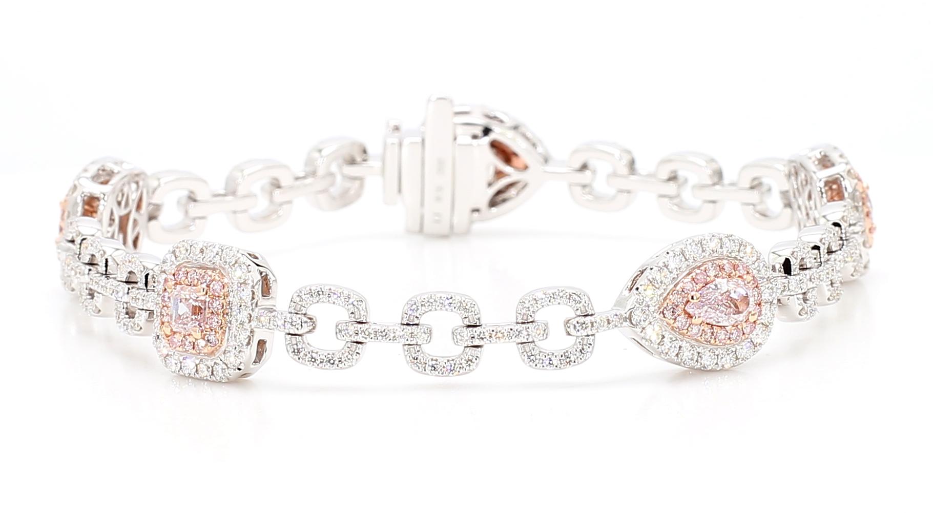 GIA Certified Fancy Pink Diamond 4.13 Carat TW Gold Tennis Bracelet