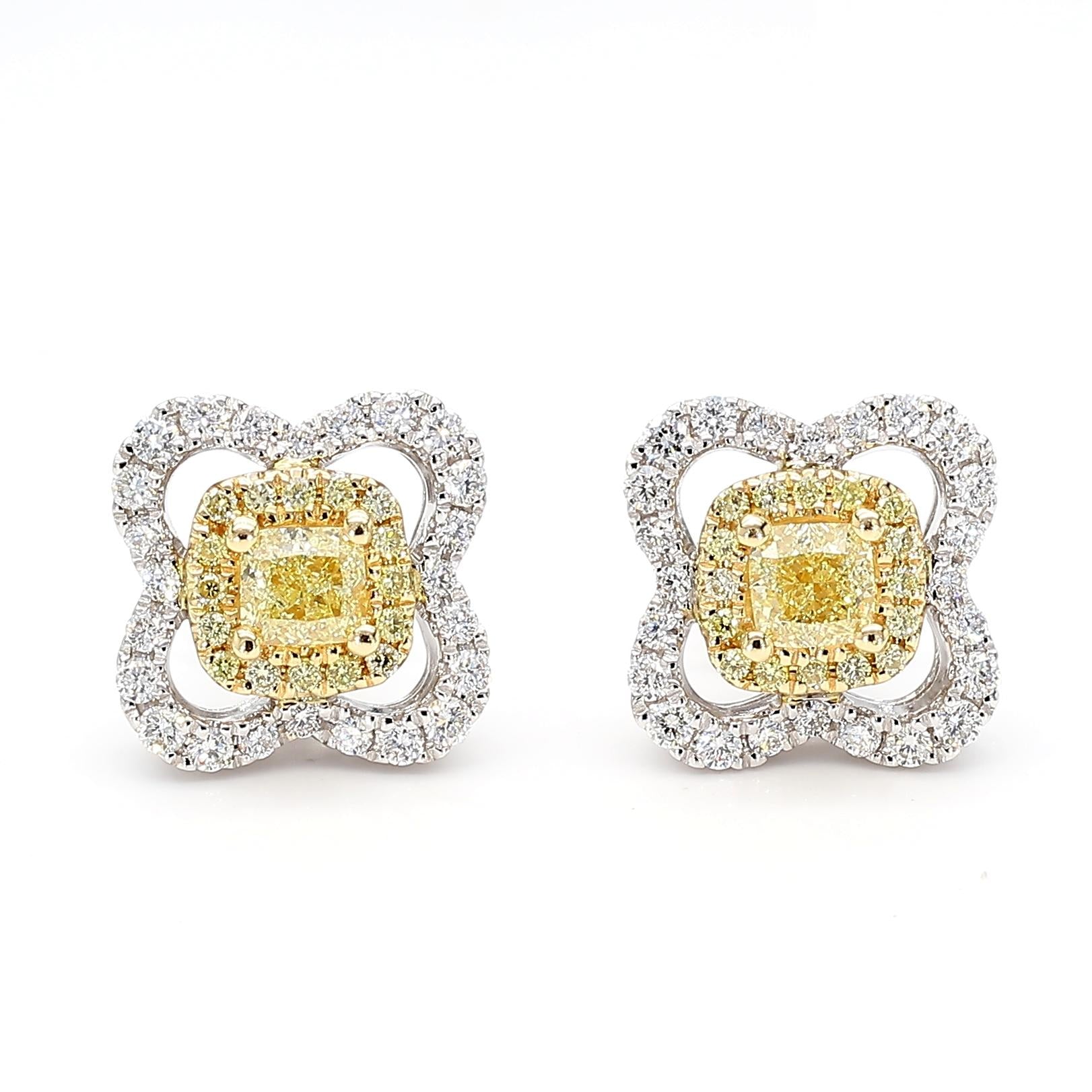 Natural Yellow Radiant Diamond 0.90 Carat TW Gold Stud Earrings