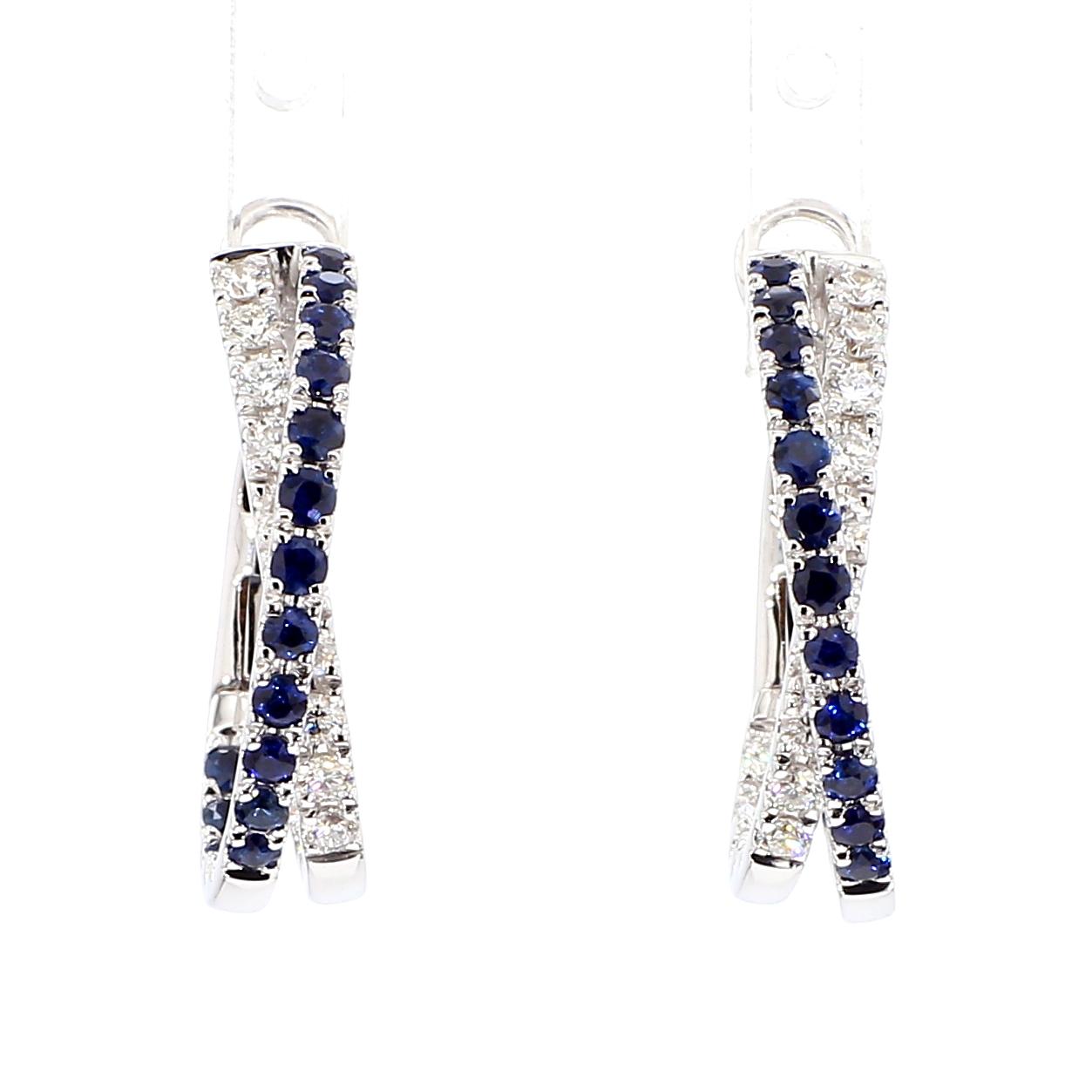 Natural Blue Round Sapphire and Diamond 1.39 Carat TW Gold Hoop Earrings