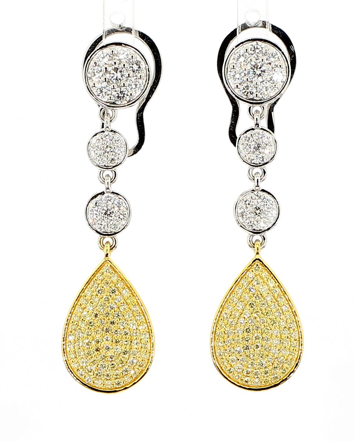 Natural Yellow Round Diamond 1.66 Carat TW Gold Drop Earrings