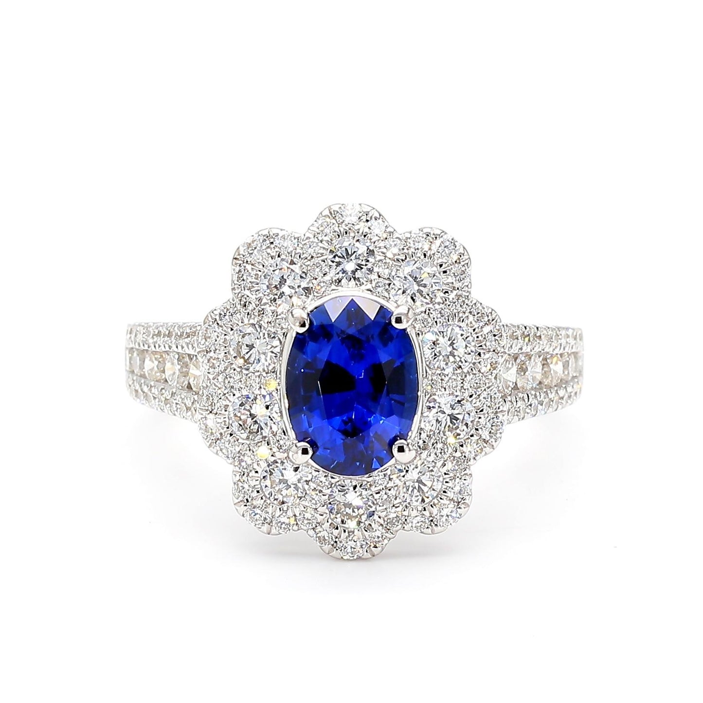 Natural Blue Oval Sapphire and White Diamond 2.44 Carat TW Gold Cocktail Ring