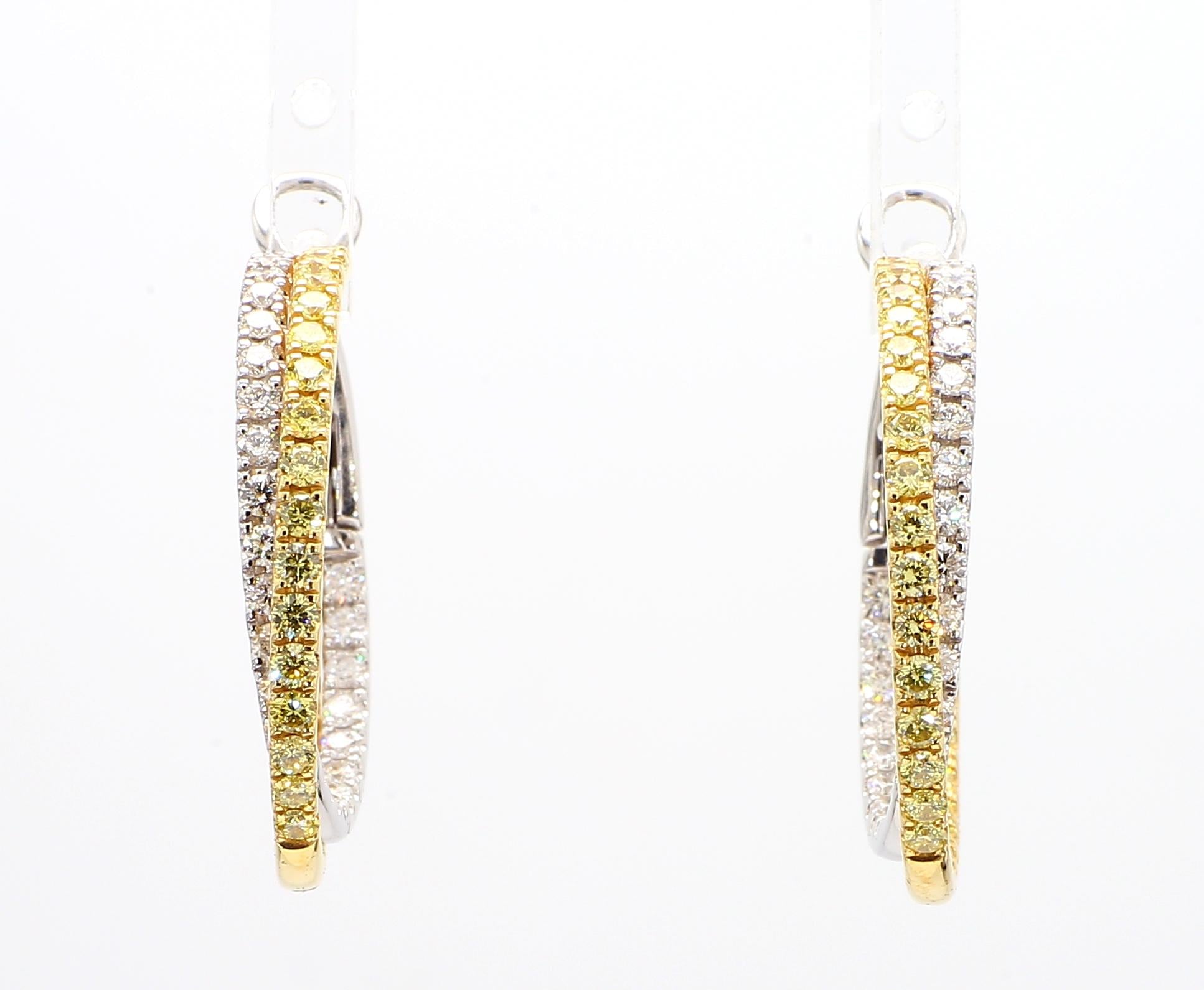 Natural Yellow Round and White Diamond 2.60 Carat TW Gold Hoop Earrings