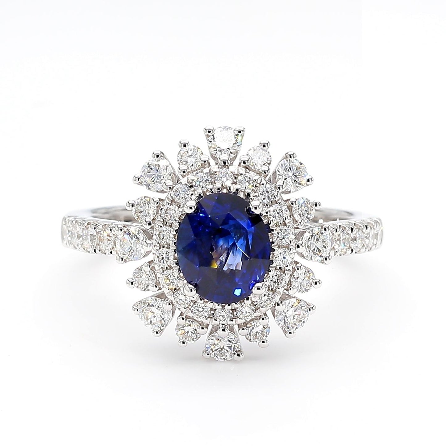 Natural Blue Oval Sapphire and White Diamond 2.11 Carat TW White Gold Ring