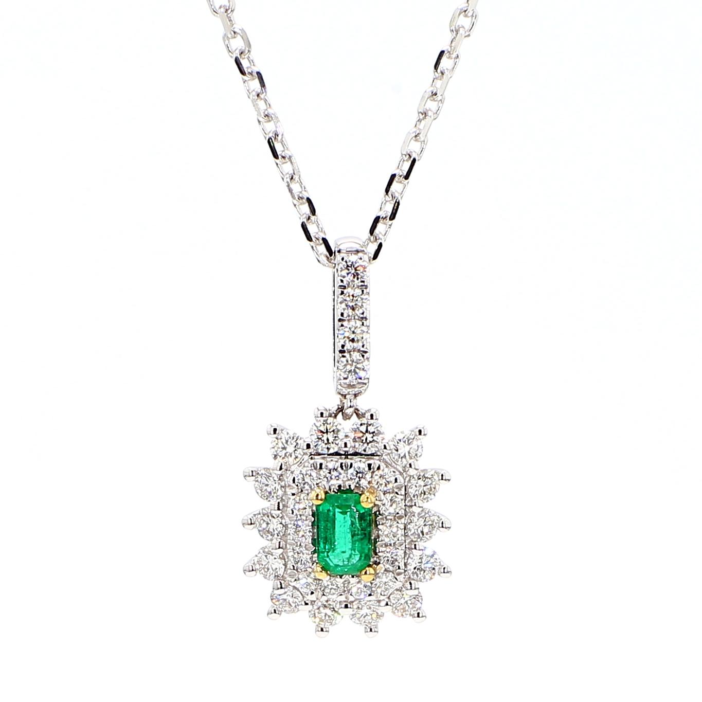 Natural Emerald and White Diamond 0.62 Carat TW White Gold Drop Pendant