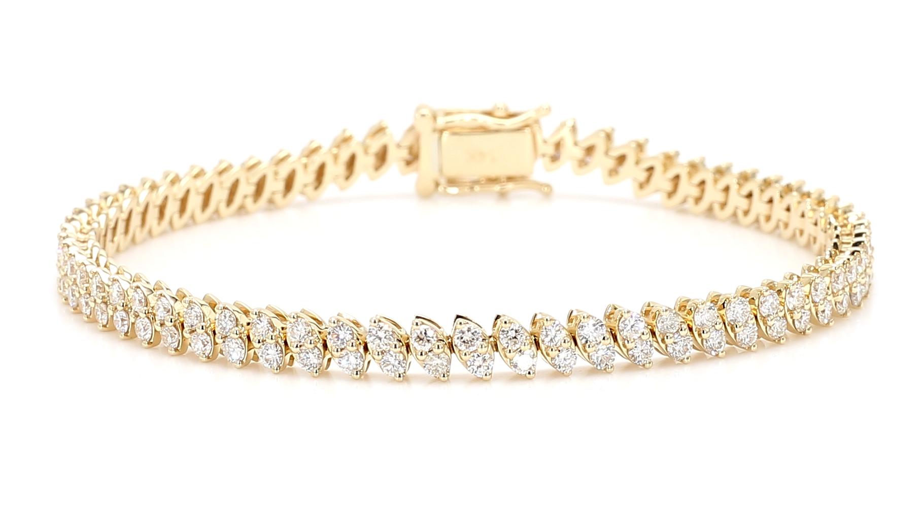 Natural White Round Diamond 3.40 Carat TW Yellow Gold Tennis Bracelet