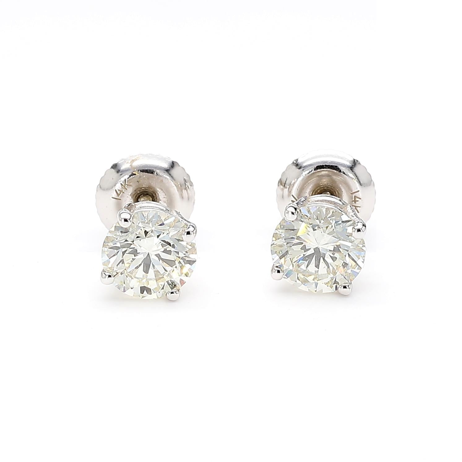 Natural White Round Diamond 1.60 Carat TW White Gold Stud Earrings