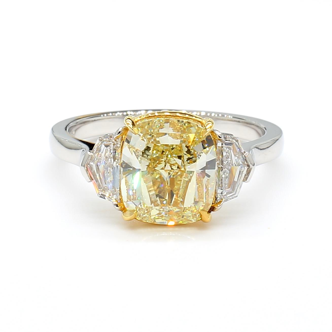 GIA Certified Fancy Light Yellow Cushion Diamond 3.66 Carat TW Platinum Ring