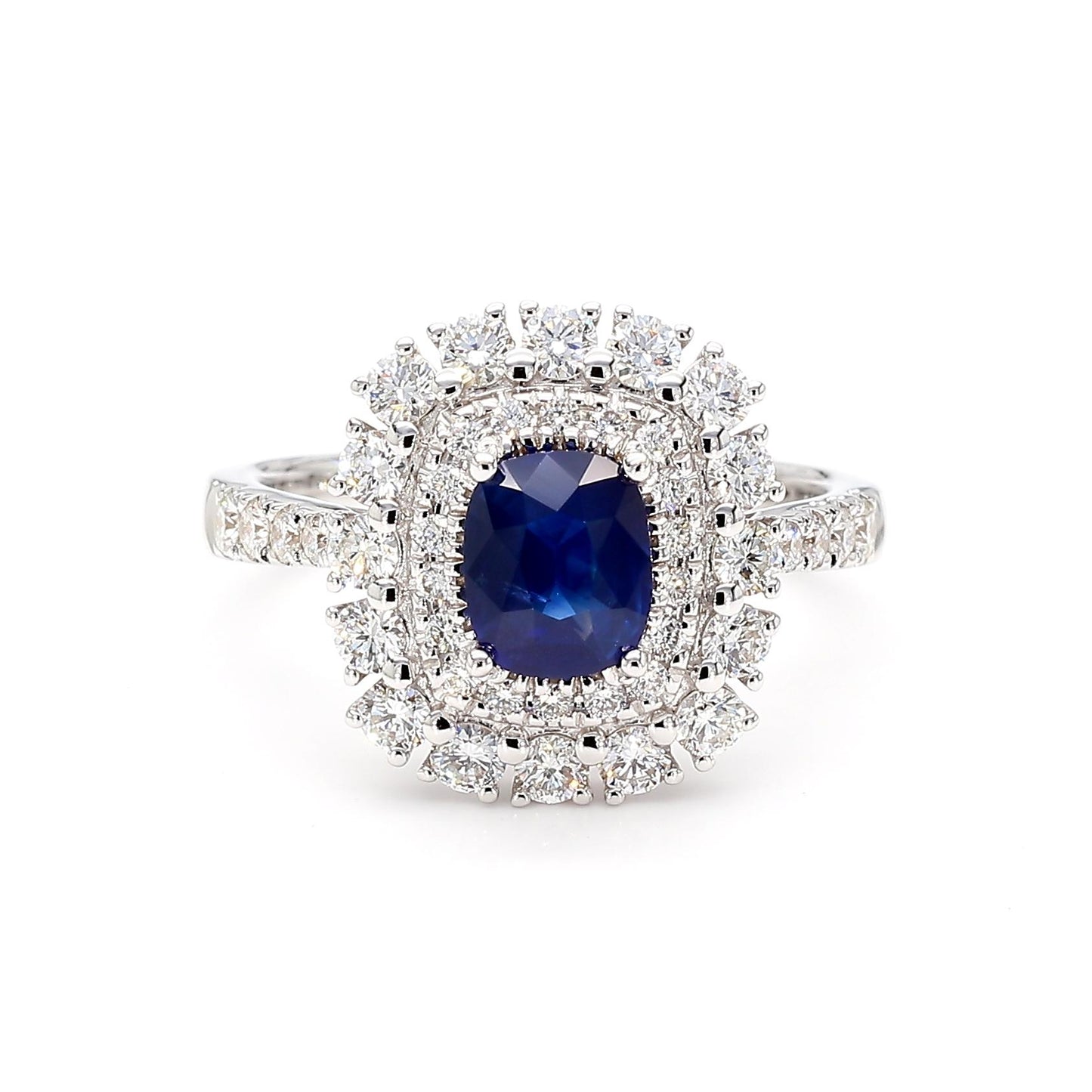Natural Blue Cushion Sapphire and White Diamond 2.02 Carat TW Gold Cocktail Ring