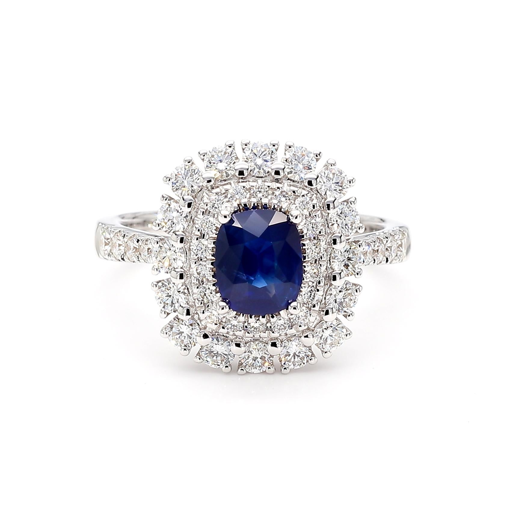 Natural Blue Cushion Sapphire and White Diamond 2.02 Carat TW Gold Cocktail Ring