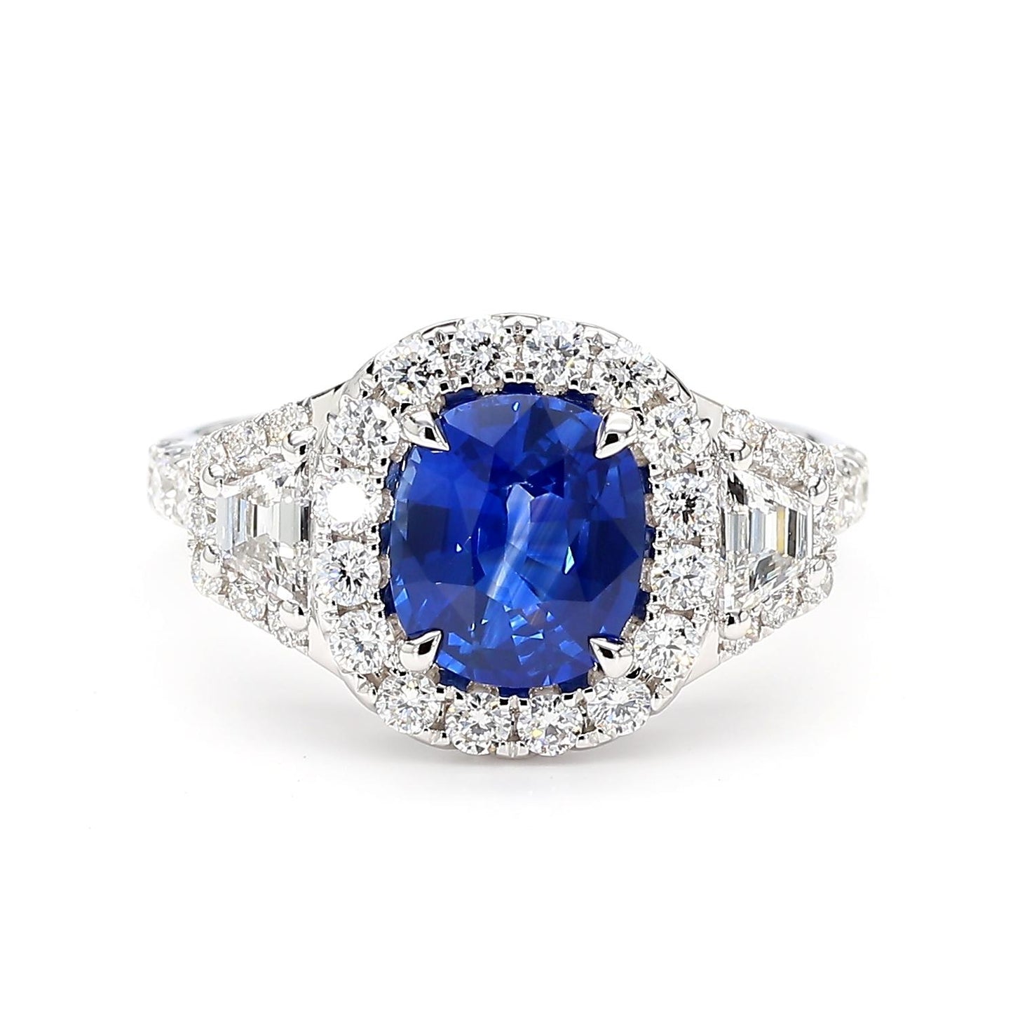 Natural Blue Cushion Sapphire and White Diamond 3.01 Carat TW Gold Cocktail Ring