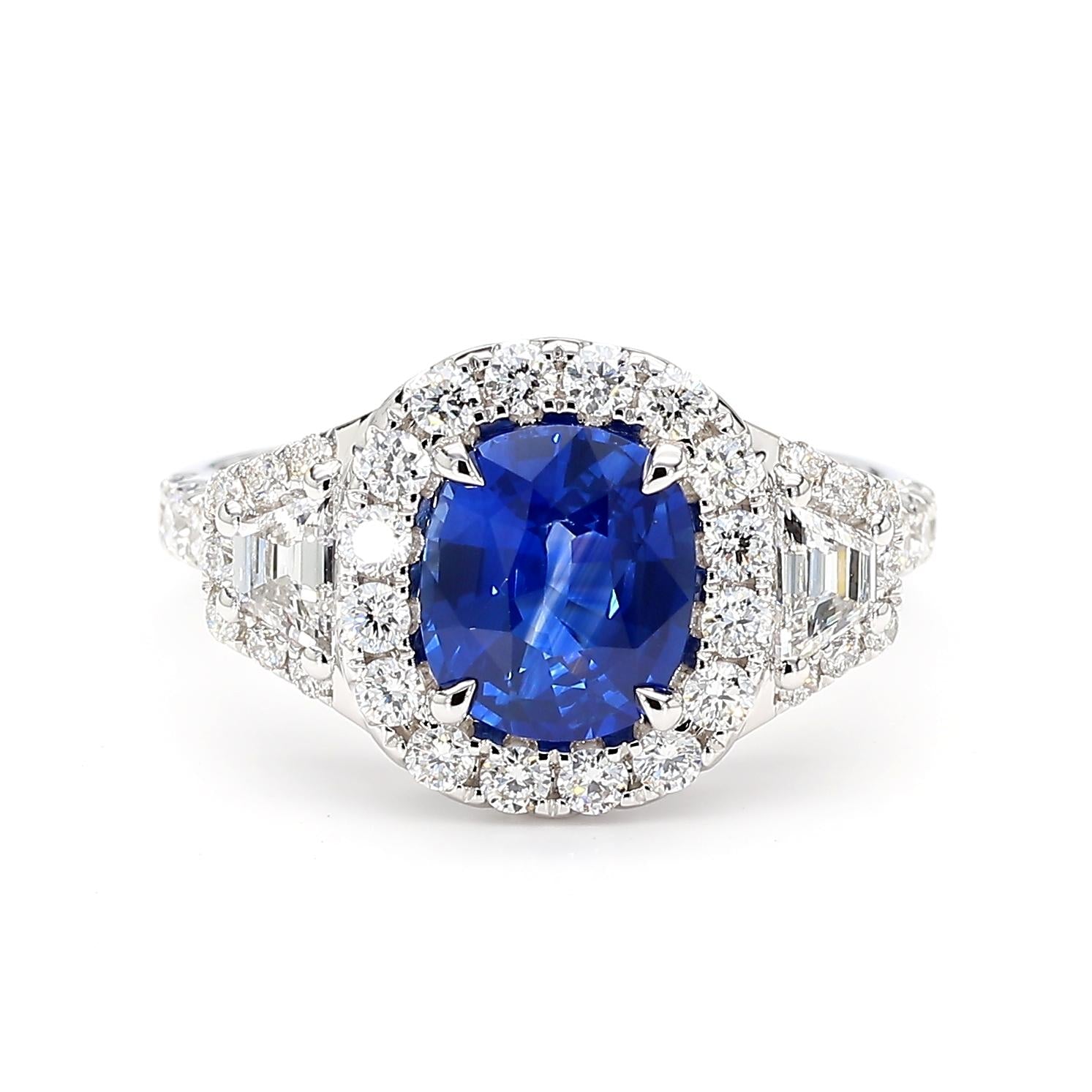 Natural Blue Cushion Sapphire and White Diamond 3.01 Carat TW Gold Cocktail Ring