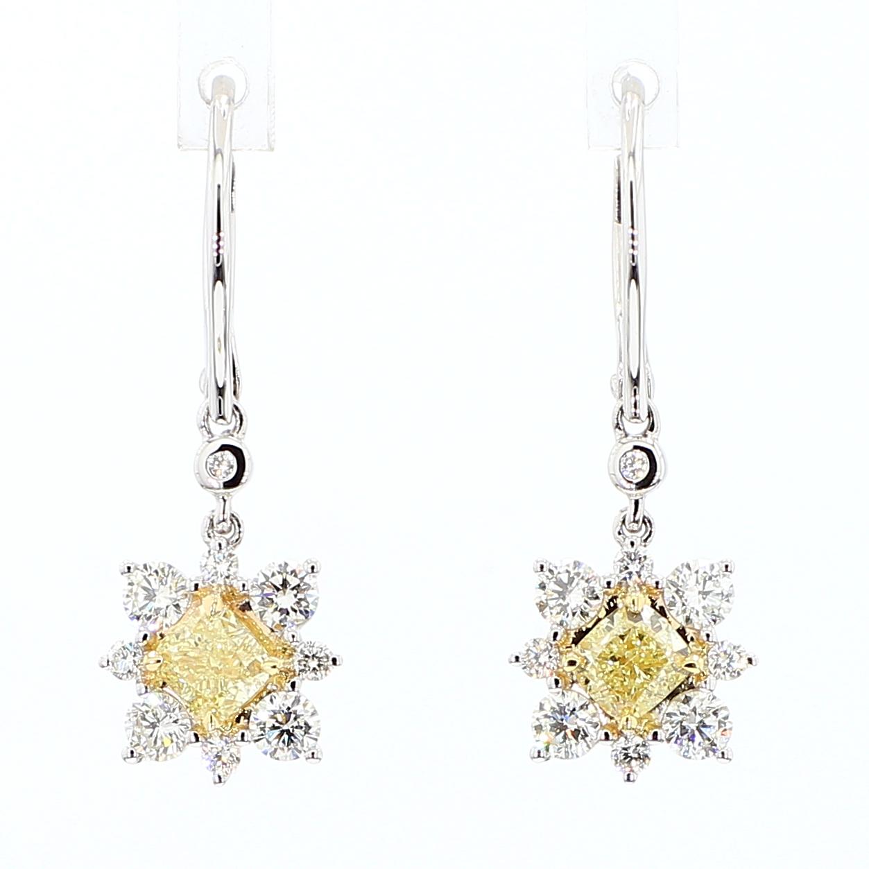 Natural Yellow Cushion Diamond 1.78 Carat TW Gold Drop Earrings